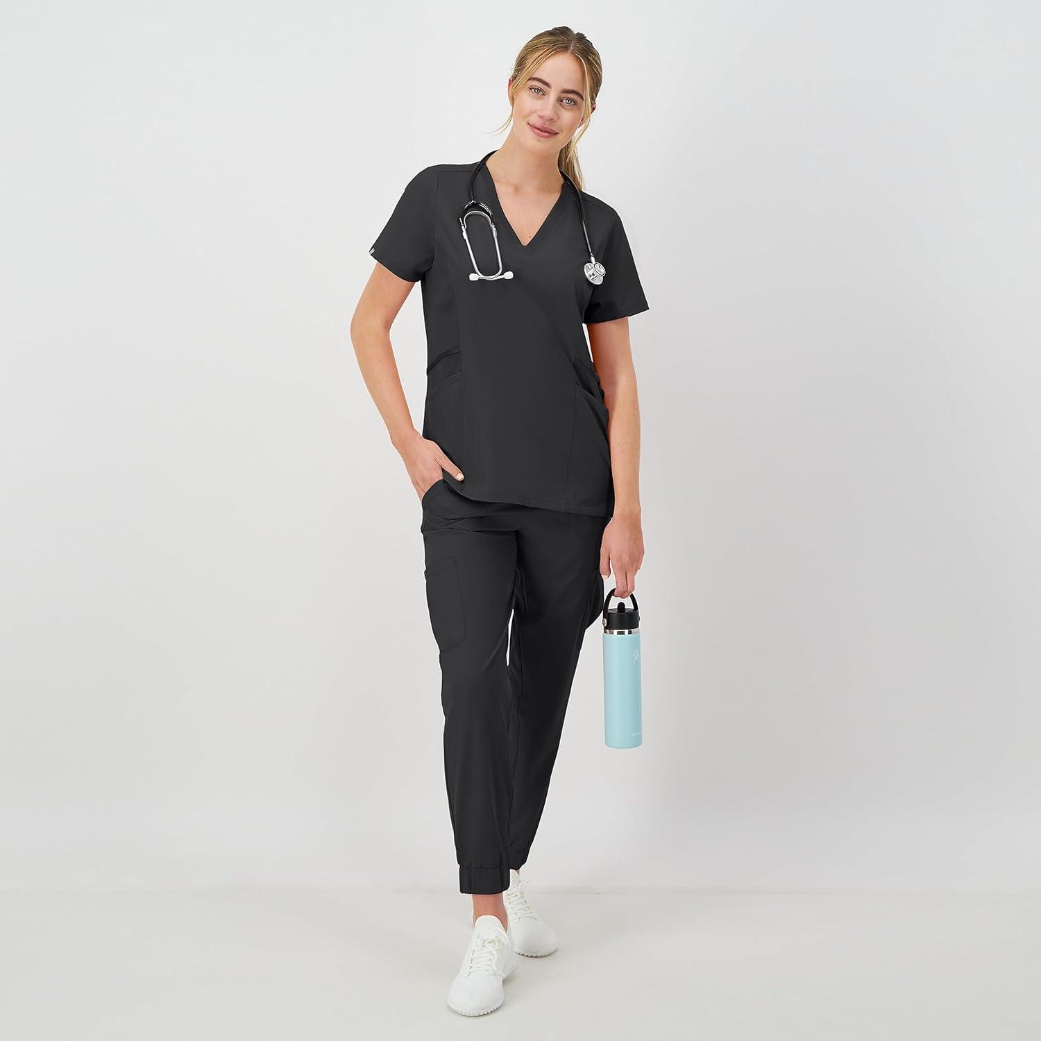 imageHanes Womens Scrubs Healthcare Top MoistureWicking Stretch Scrub Shirts Ribbed Side PanelsNew Ebony