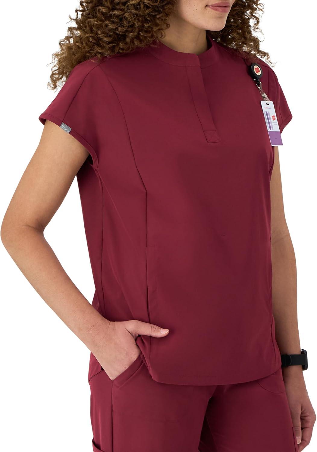 imageHanes Womens Scrubs Healthcare Top with Mandarin Collar MoistureWicking Stretch Scrub ShirtAfternoon Burgundy