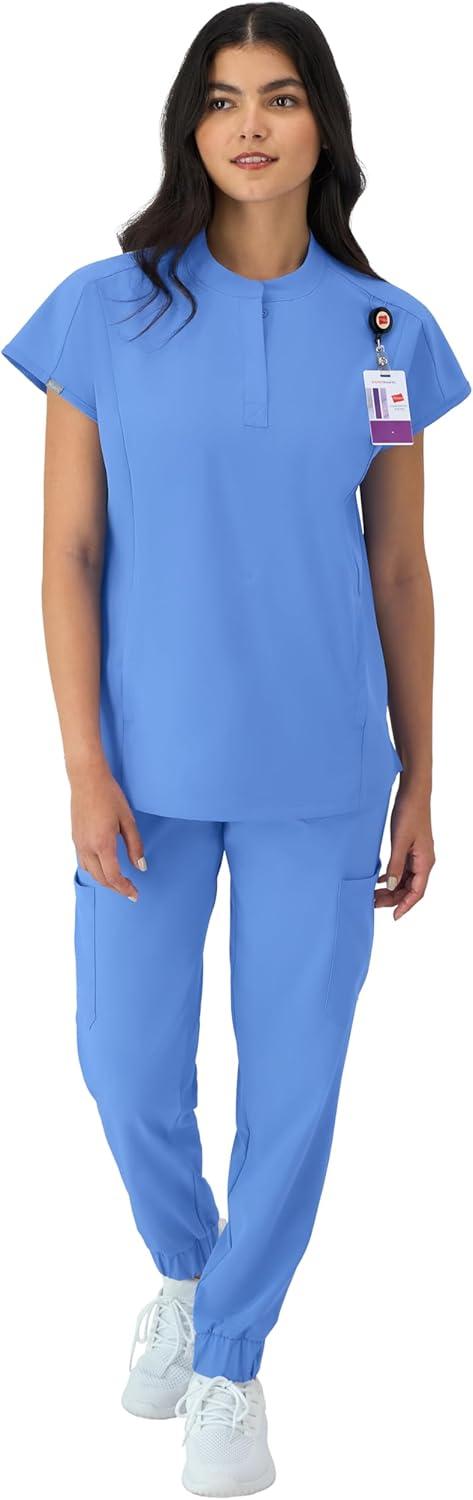 imageHanes Womens Scrubs Healthcare Top with Mandarin Collar MoistureWicking Stretch Scrub ShirtCiel Blue 2