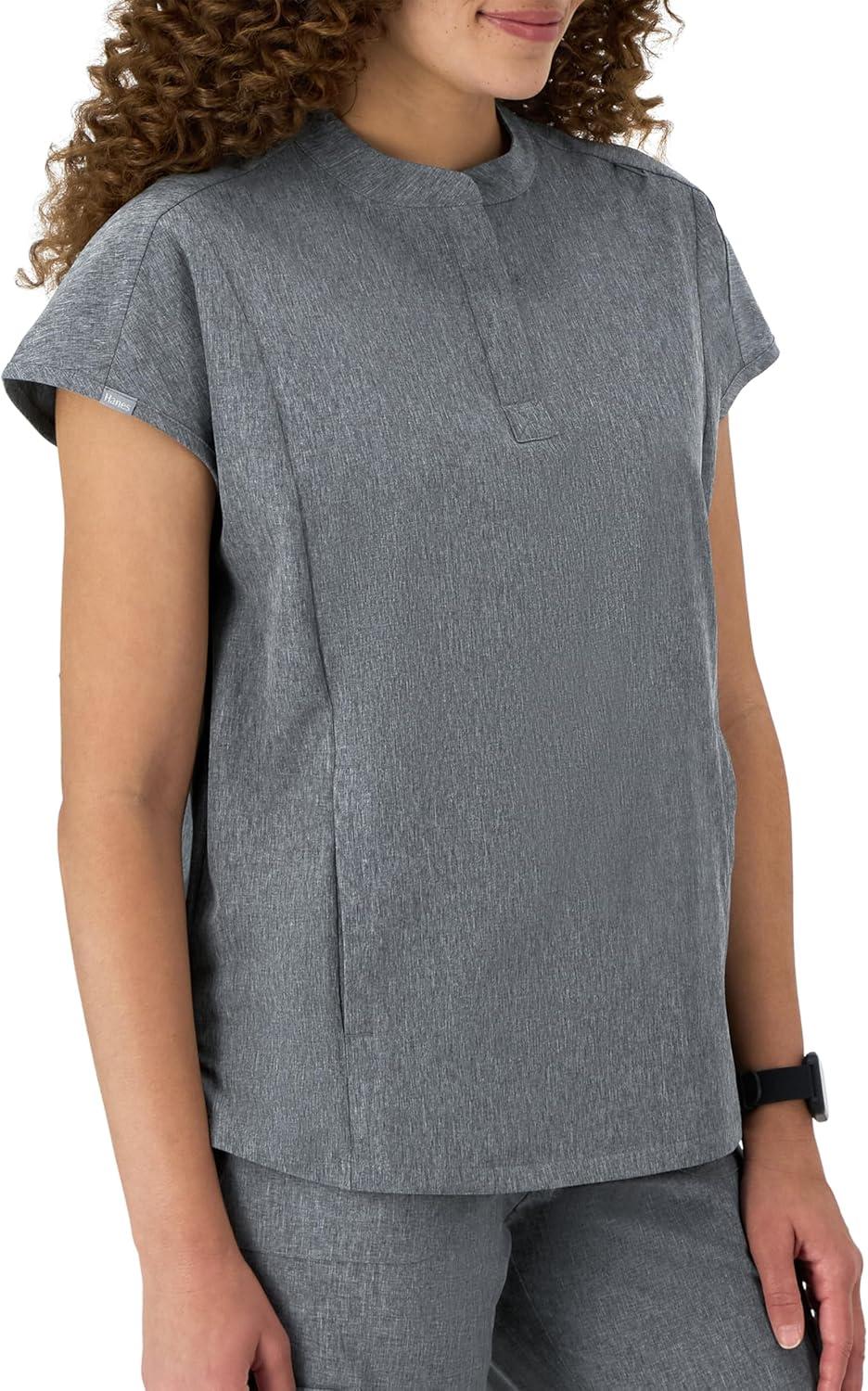 imageHanes Womens Scrubs Healthcare Top with Mandarin Collar MoistureWicking Stretch Scrub ShirtEbony Heather