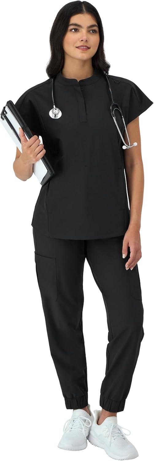 imageHanes Womens Scrubs Healthcare Top with Mandarin Collar MoistureWicking Stretch Scrub ShirtNew Ebony
