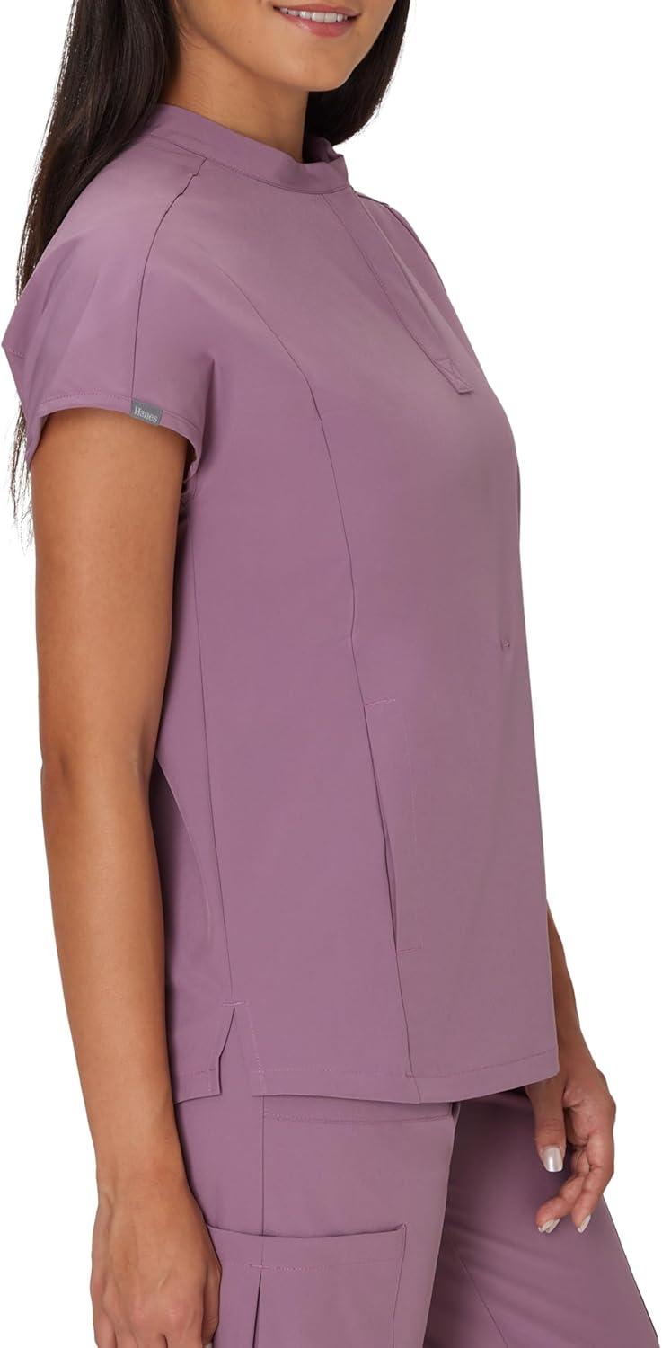 imageHanes Womens Scrubs Healthcare Top with Mandarin Collar MoistureWicking Stretch Scrub ShirtPurple Mauve