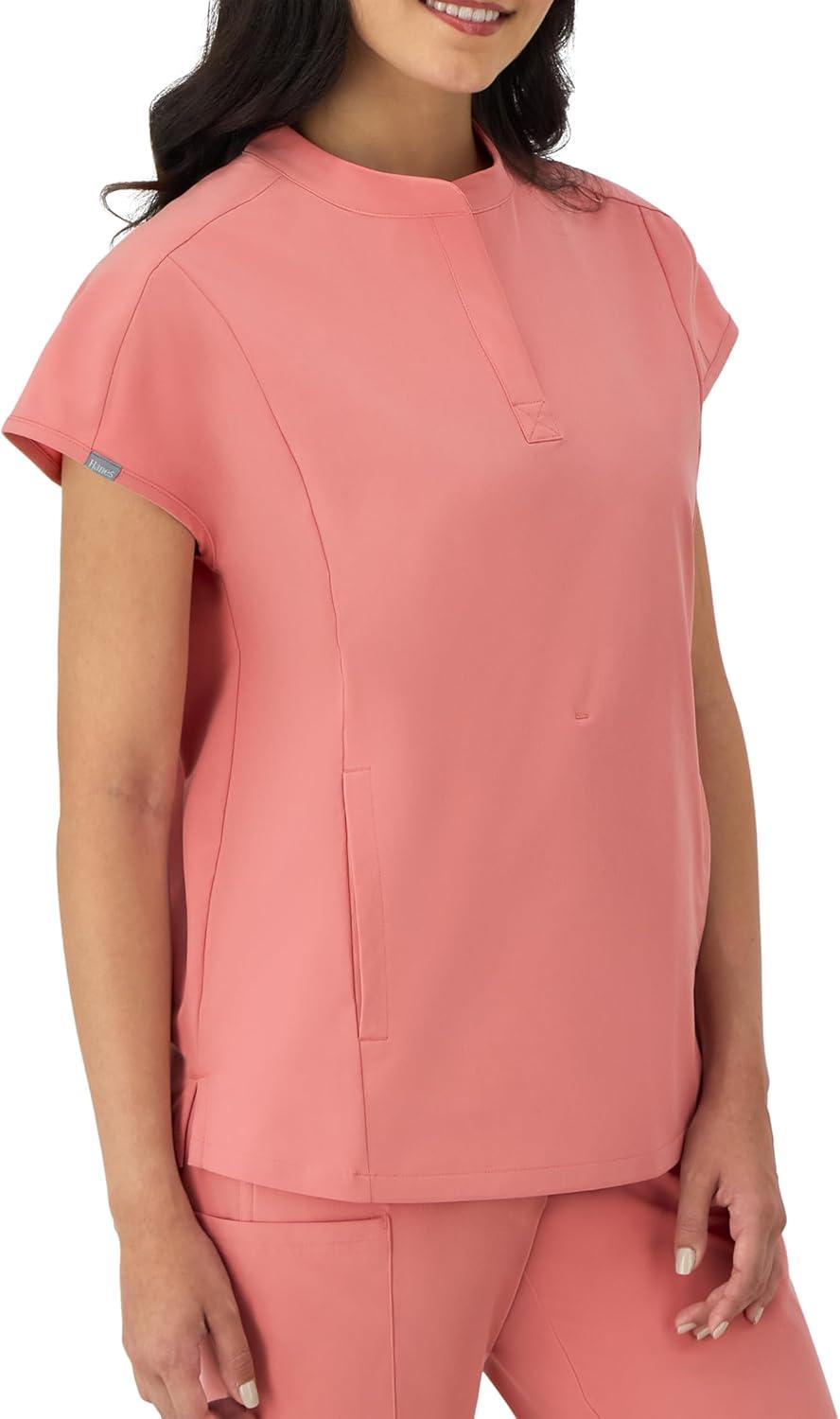 imageHanes Womens Scrubs Healthcare Top with Mandarin Collar MoistureWicking Stretch Scrub ShirtRose Ranch Pink