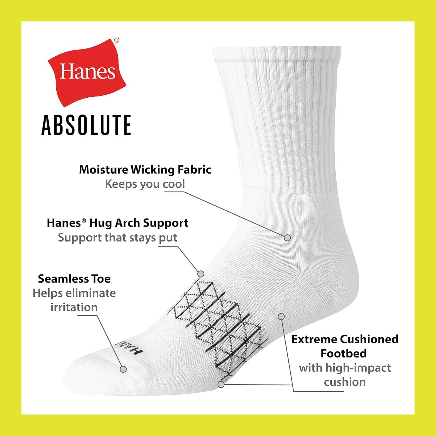 imageHanes mens Absolute Active Cushioned Crew Socks Moisture Wicking Socks Seamless Toe 4packBlack Gray White