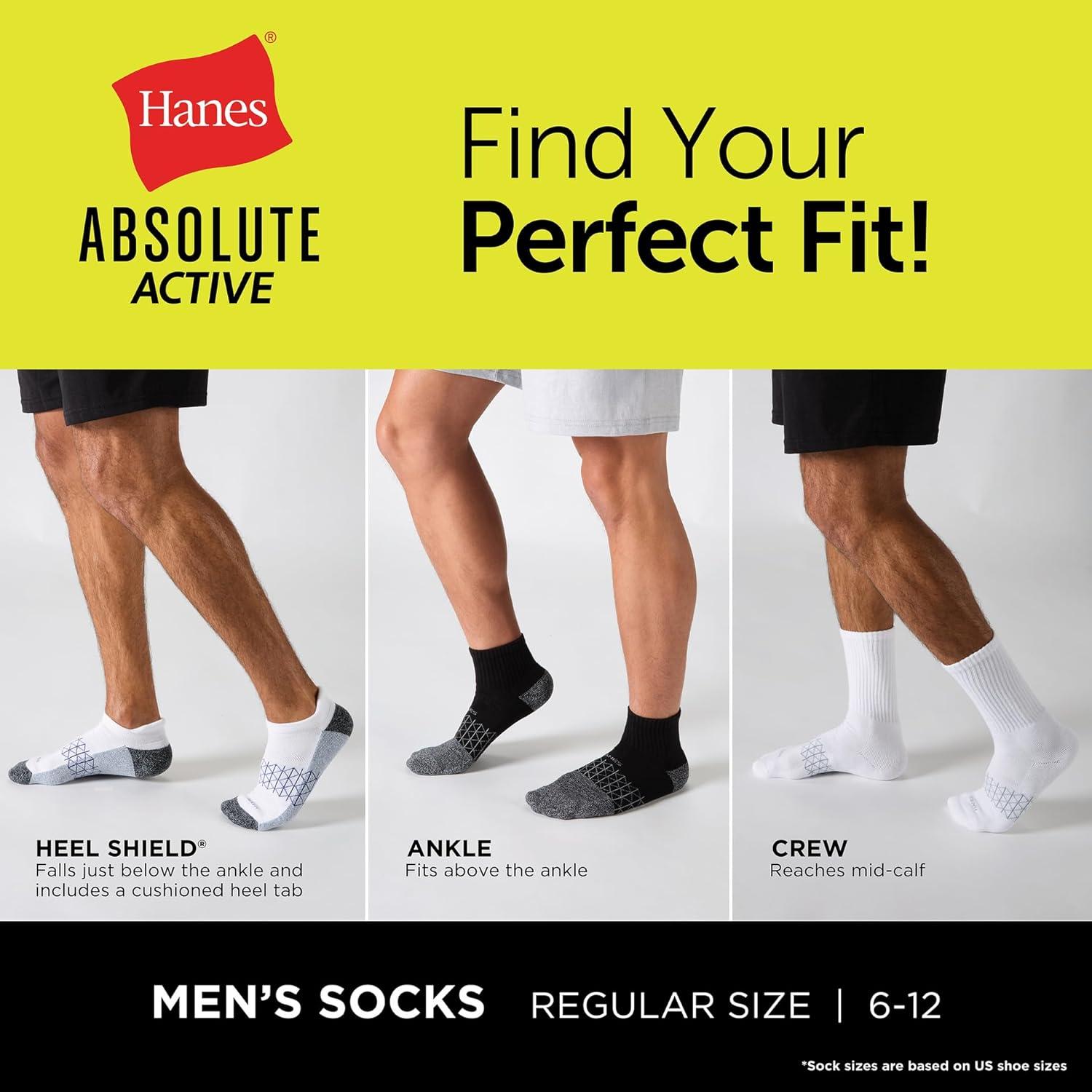 imageHanes mens Absolute Active Cushioned Crew Socks Moisture Wicking Socks Seamless Toe 4packWhiteBlack
