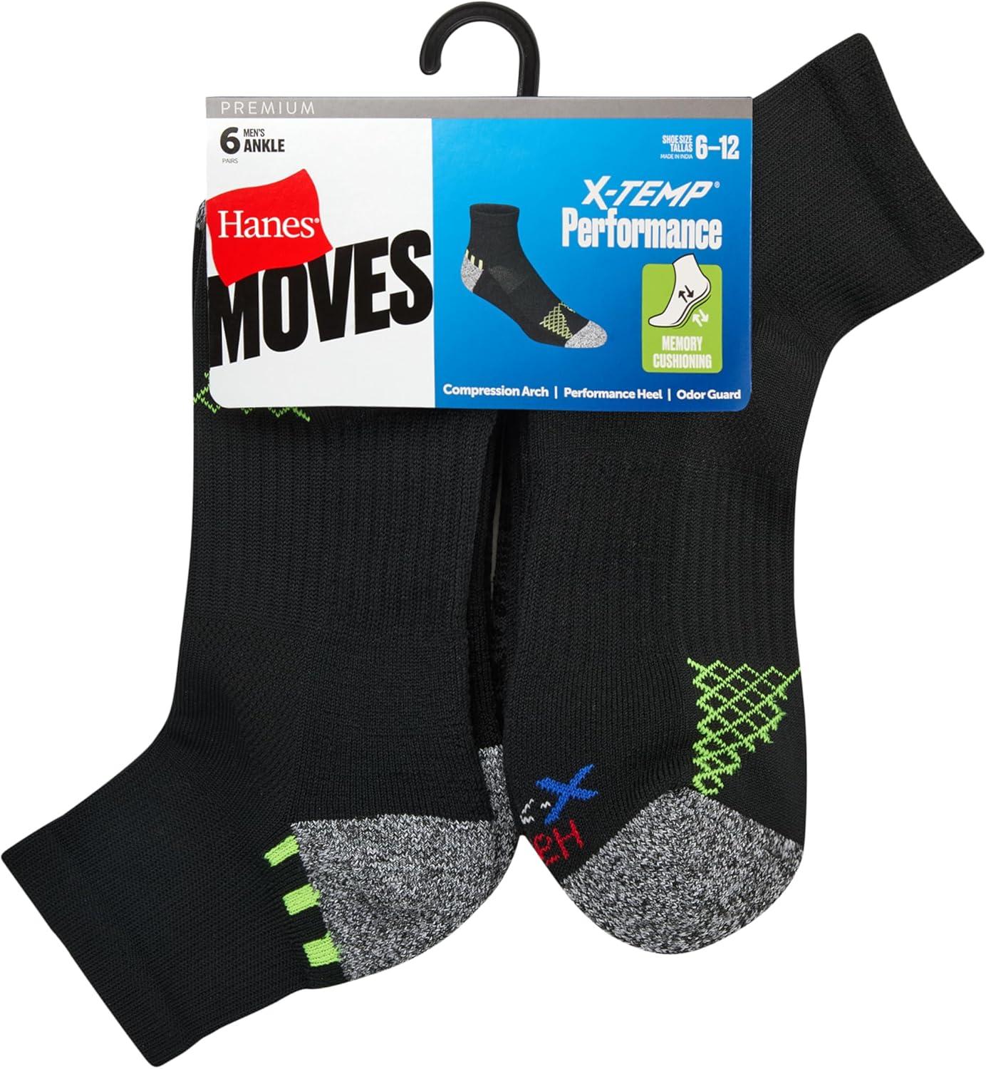 imageHanes mens Moves Performance Socks Moisturewicking Ankle ampamp Lowcut Socks Breathable Mesh Panels 6packBlack Assortment