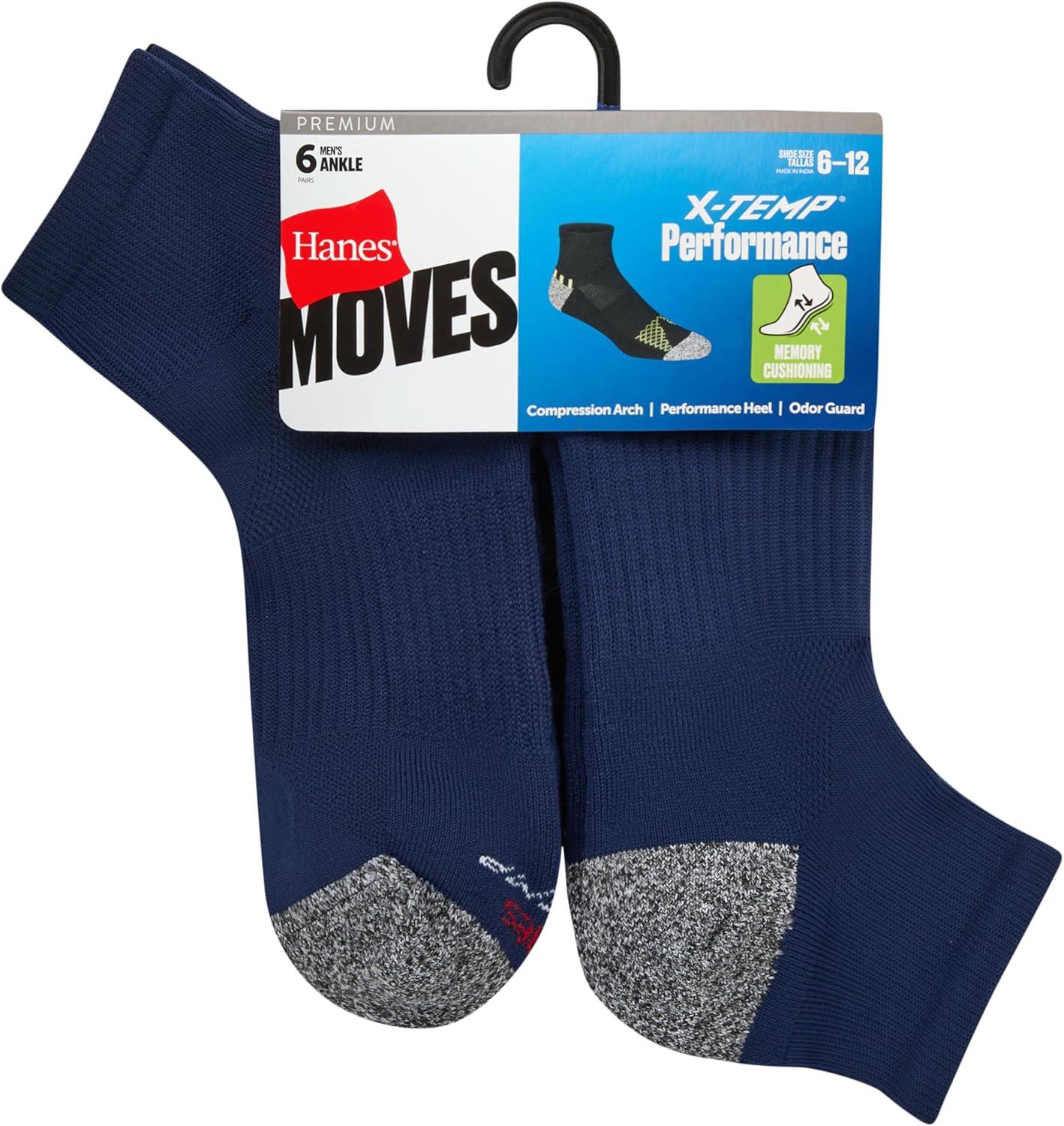 imageHanes mens Moves Performance Socks Moisturewicking Ankle ampamp Lowcut Socks Breathable Mesh Panels 6packBlackWhiteGrey