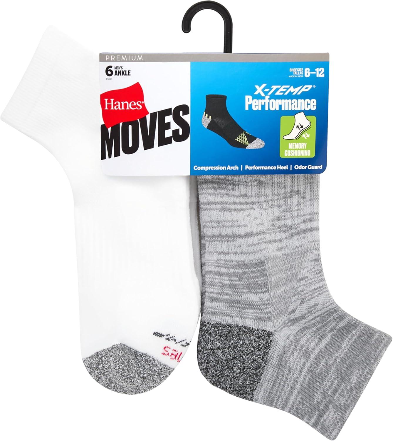 imageHanes mens Moves Performance Socks Moisturewicking Ankle ampamp Lowcut Socks Breathable Mesh Panels 6packWhiteGrey
