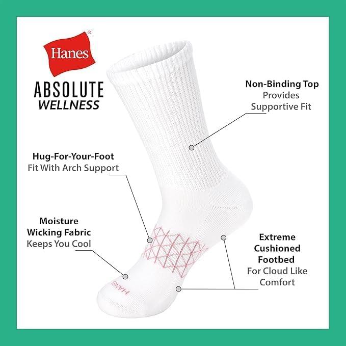 imageHanes womens Nonbinding Crew Socks Absolute Wellness Nonrestrictive Cushioned Socks for Women 4packBlackGreyWhite