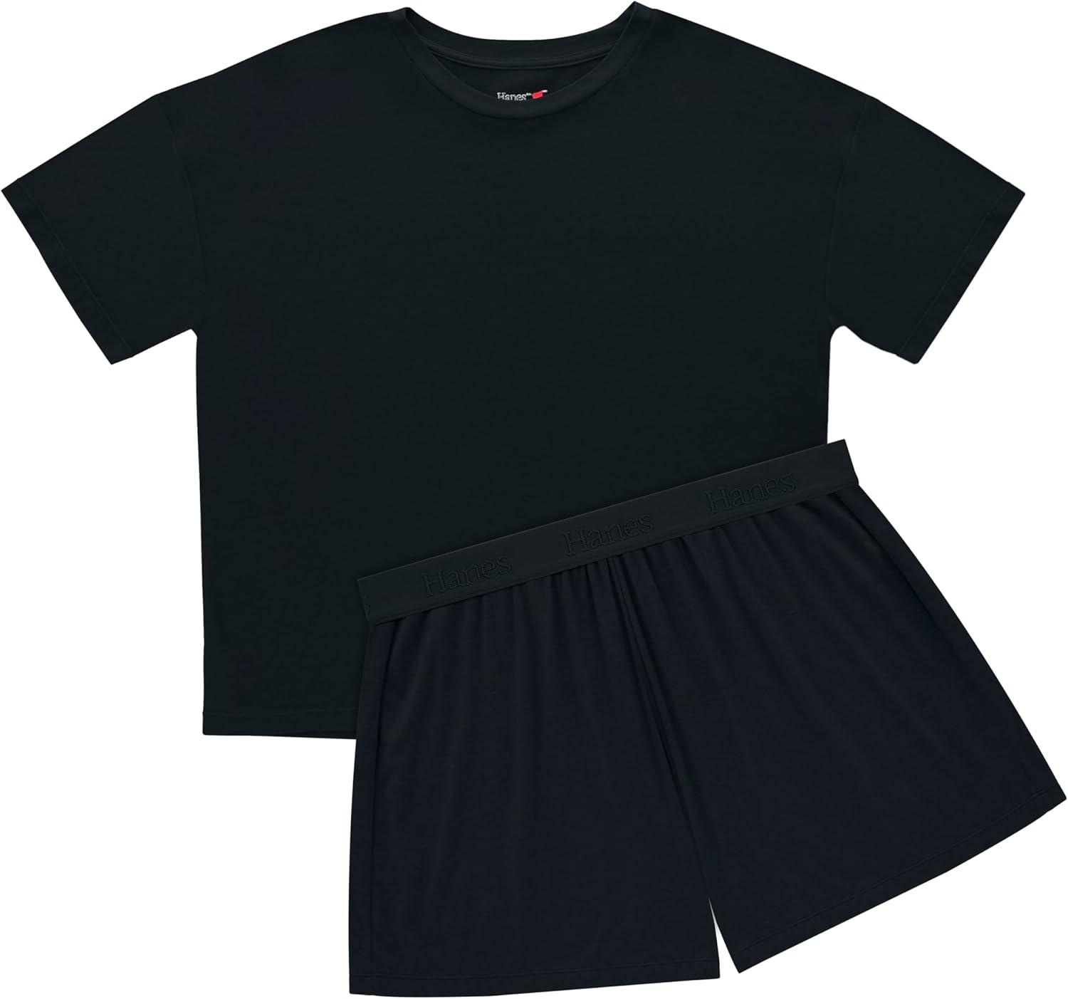 imageHanes womens Originals 2 Piece Lounge Set Comfywear Supersoft Boxy Tshirt ampamp Sleep Shorts Loungewear SetBlackBlack