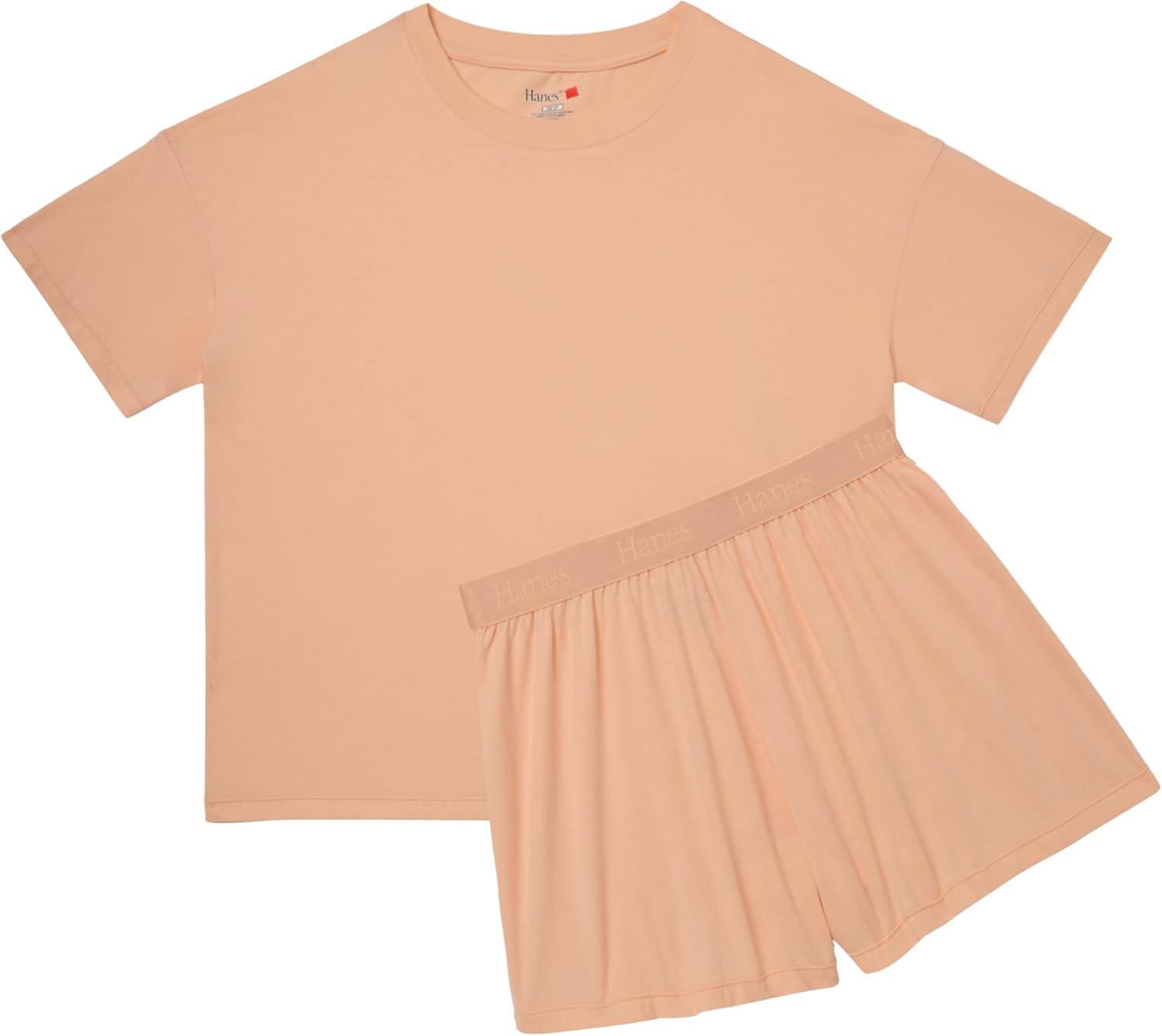 imageHanes womens Originals 2 Piece Lounge Set Comfywear Supersoft Boxy Tshirt ampamp Sleep Shorts Loungewear SetMellow PeachMellow Peach