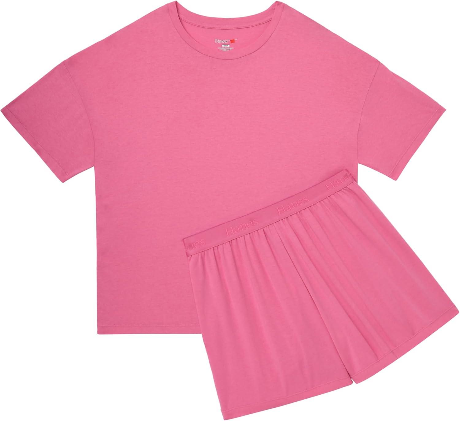 imageHanes womens Originals 2 Piece Lounge Set Comfywear Supersoft Boxy Tshirt ampamp Sleep Shorts Loungewear SetParrot PinkParrot Pink