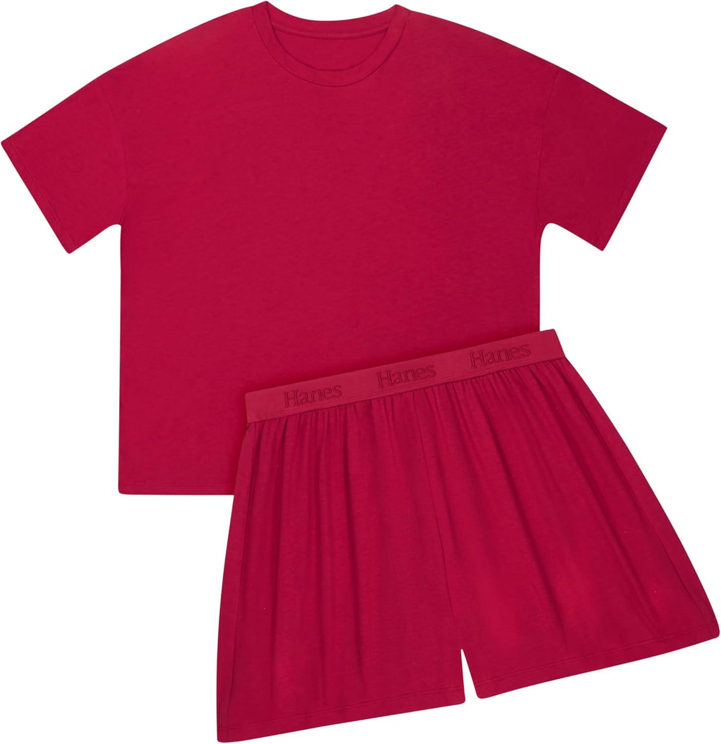 imageHanes womens Originals 2 Piece Lounge Set Comfywear Supersoft Boxy Tshirt ampamp Sleep Shorts Loungewear SetRosey RedRosey Red