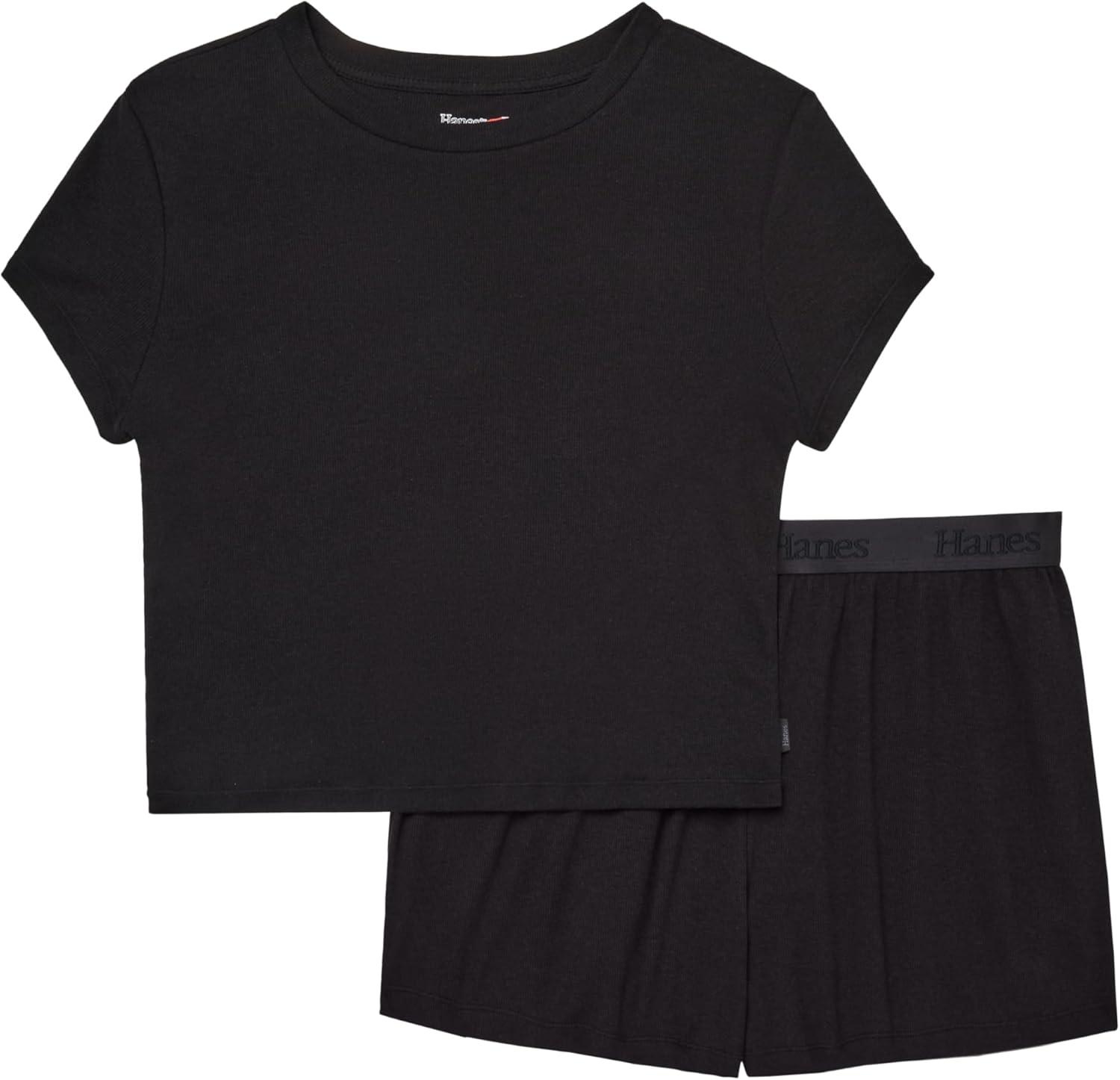 imageHanes womens Originals 2piece Lounge Set Supersoft Cropped Baby Doll Tee ampamp Sleep Shorts Loungewear SetBlackBlack