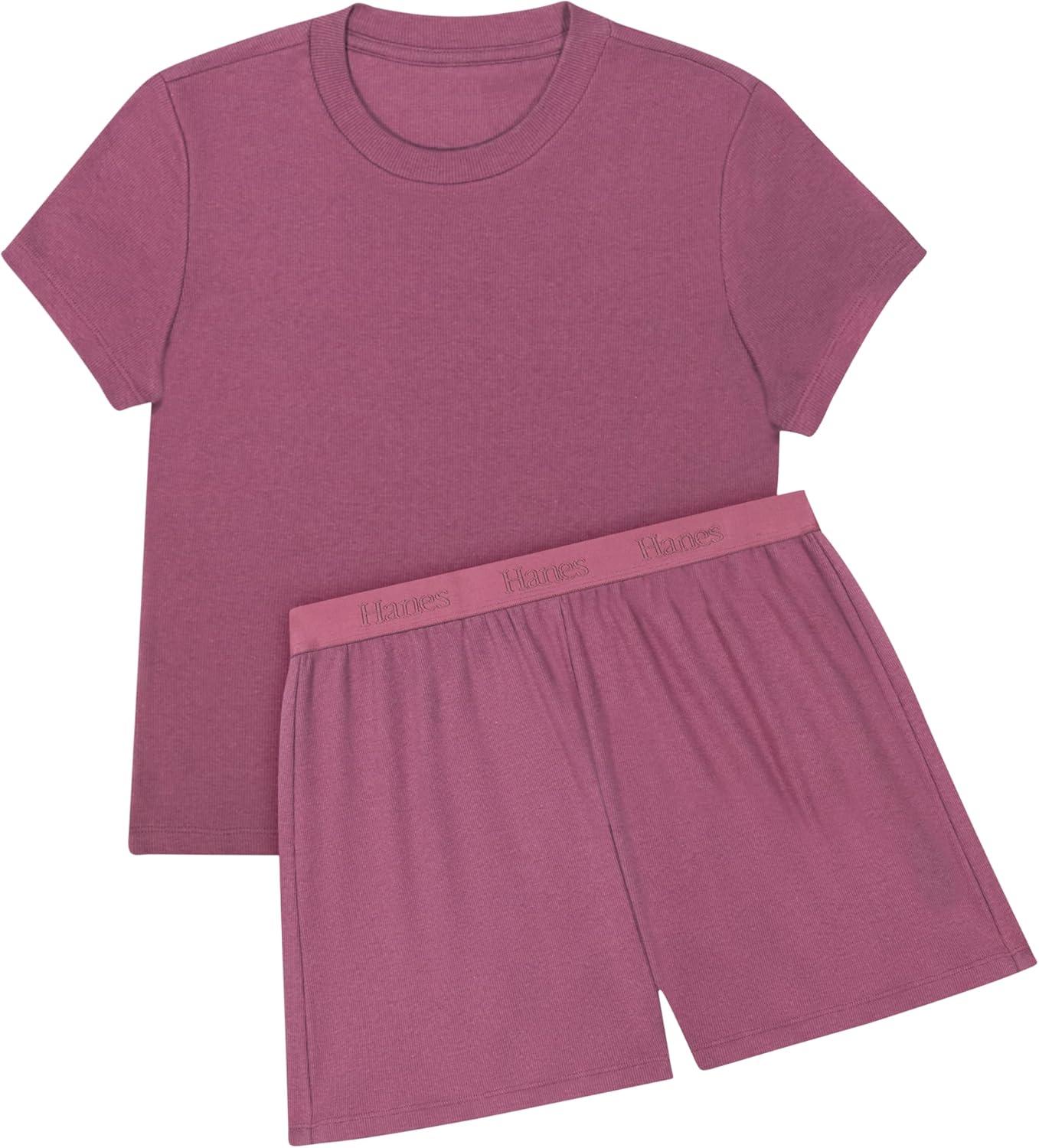 imageHanes womens Originals 2piece Lounge Set Supersoft Cropped Baby Doll Tee ampamp Sleep Shorts Loungewear SetMauve MoodMauve Mood