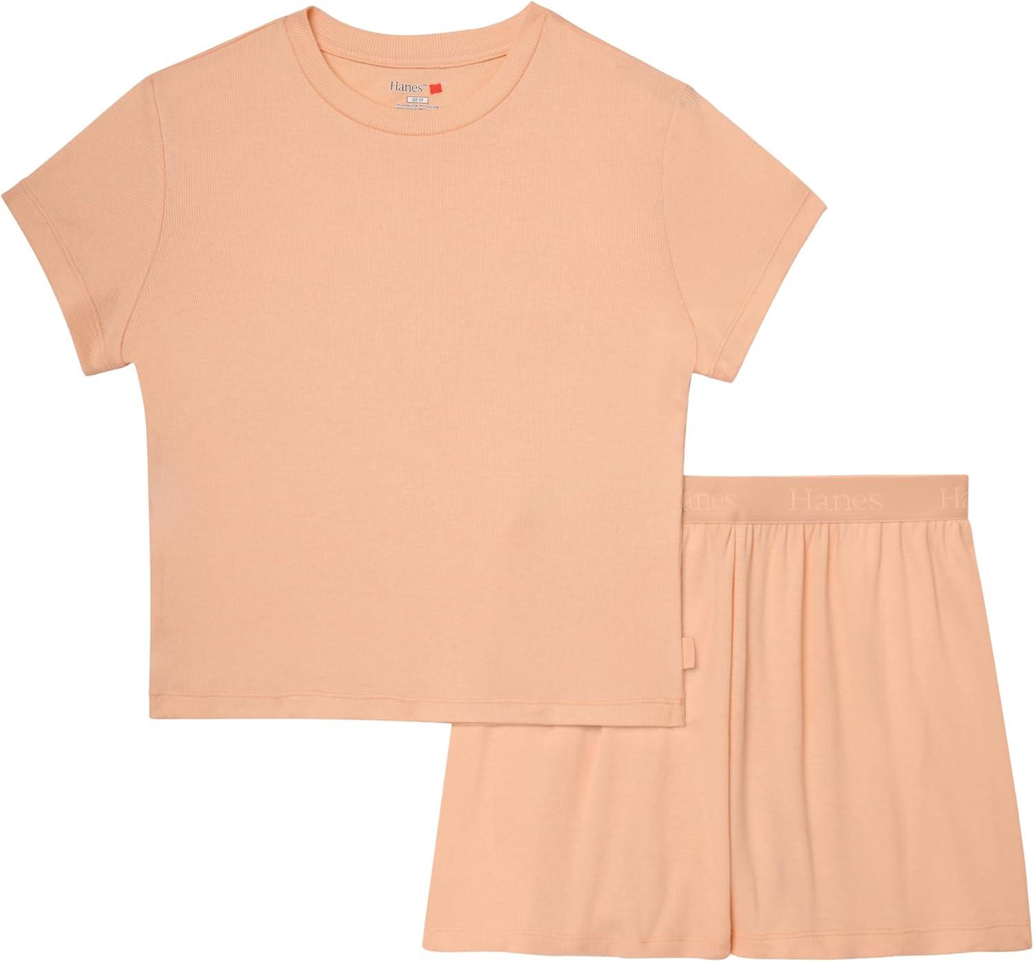 imageHanes womens Originals 2piece Lounge Set Supersoft Cropped Baby Doll Tee ampamp Sleep Shorts Loungewear SetMellow PeachMellow Peach