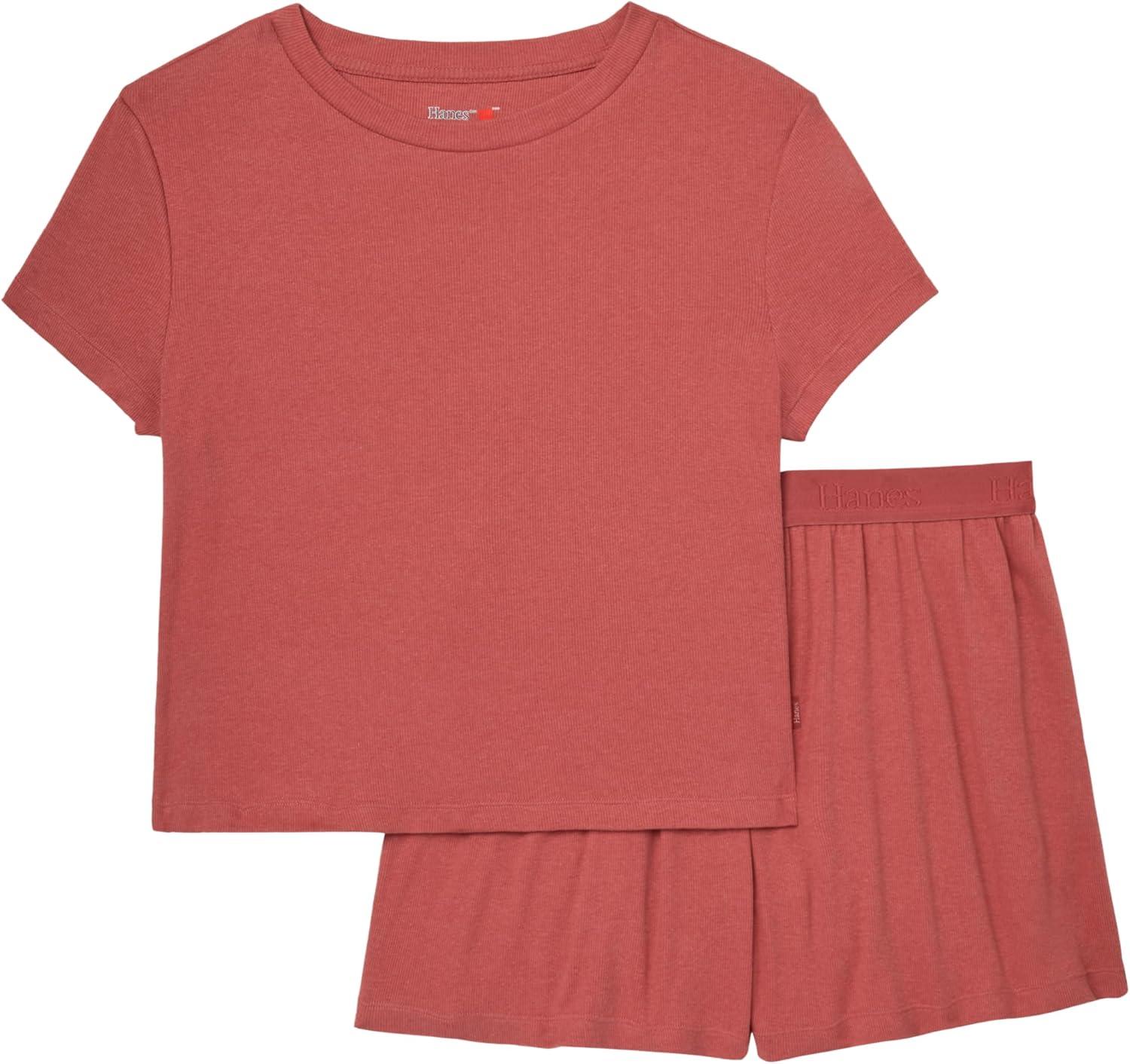 imageHanes womens Originals 2piece Lounge Set Supersoft Cropped Baby Doll Tee ampamp Sleep Shorts Loungewear SetNatural CedarNatural Cedar