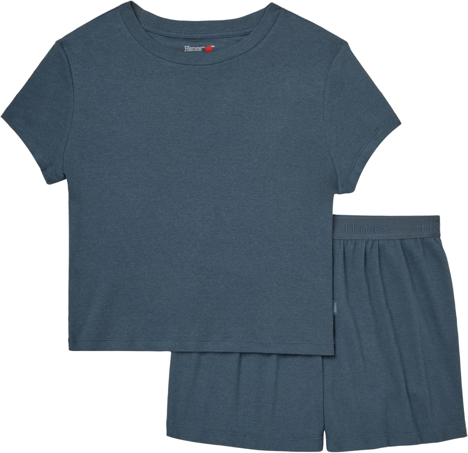 imageHanes womens Originals 2piece Lounge Set Supersoft Cropped Baby Doll Tee ampamp Sleep Shorts Loungewear SetStargazer GreyStargazer Grey