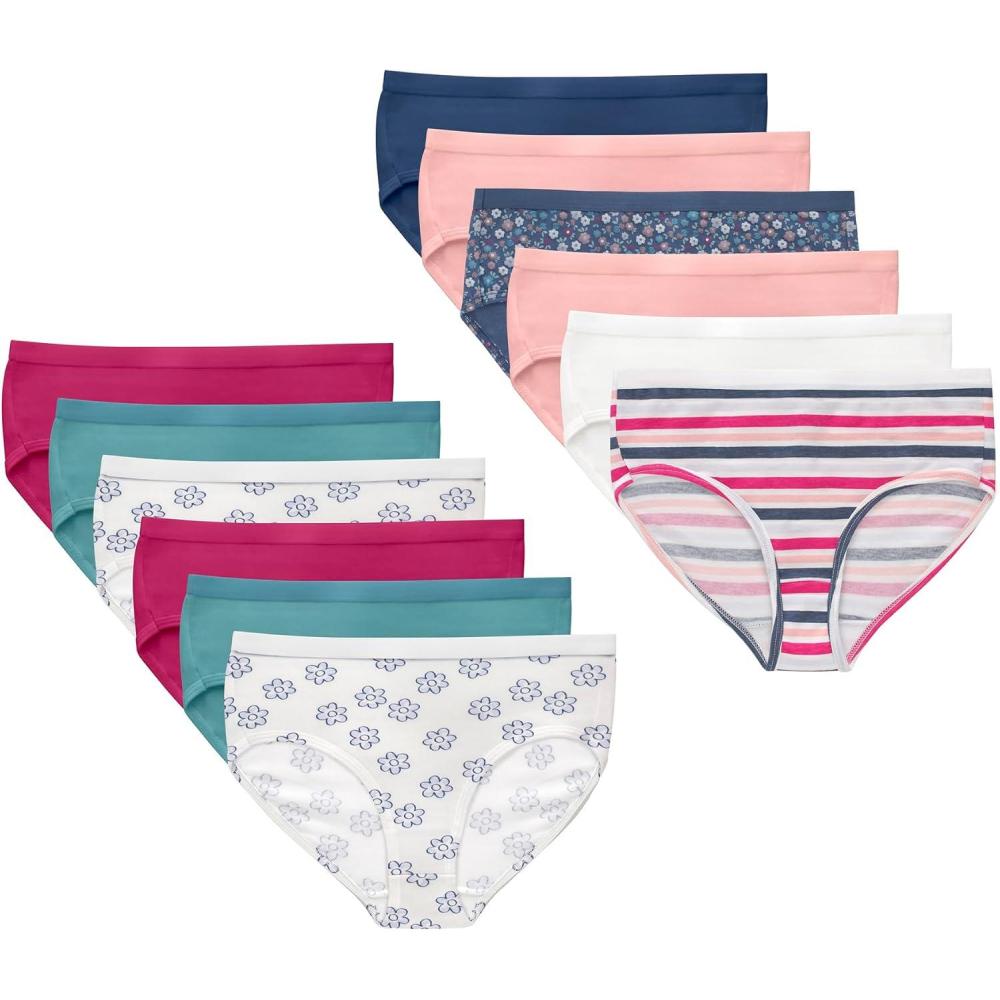imageHanes Brief Underwear Stretch Cotton Panties for Girls Assorted 12PackPink Teal Navy Floral Prints Stripe Print