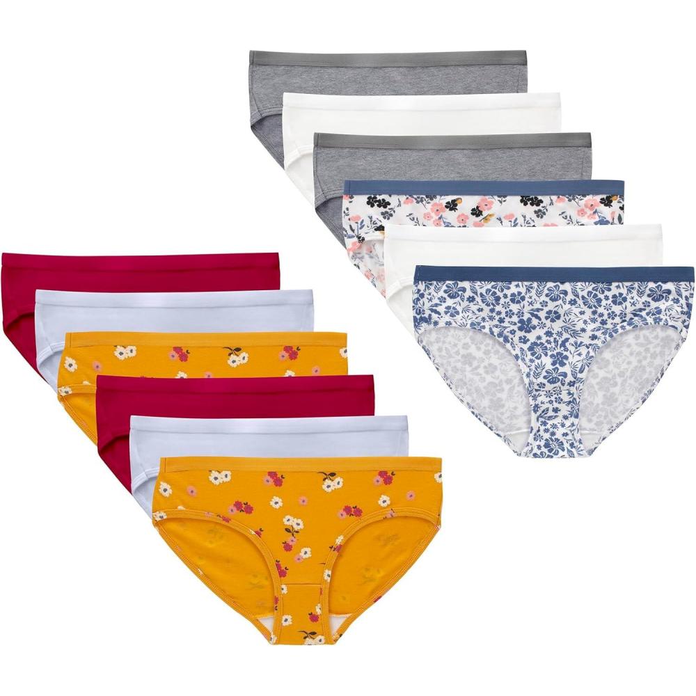 imageHanes Brief Underwear Stretch Cotton Panties for Girls Assorted 12PackPurple Periwinkle Grey White Floral Prints