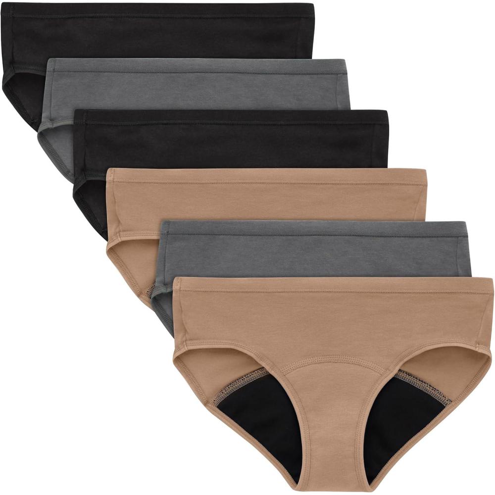 imageHanes Girls Comfort Period Boyshort ampamp Hipster Period Underwear Moderate Protection MultiPackHipster BlackGreyTan 6 Pack