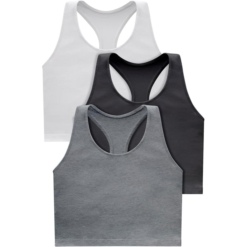 imageHanes Light Workout 3Pack StretchCotton Cropped Yoga Tank Tops for Women with Builtin BraBlackWhiteConcrete Heather