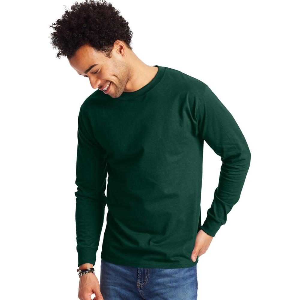 imageHanes Mens Beefy Long Sleeve Shirt 1 or 2 PackDeep Forest 2 Pack