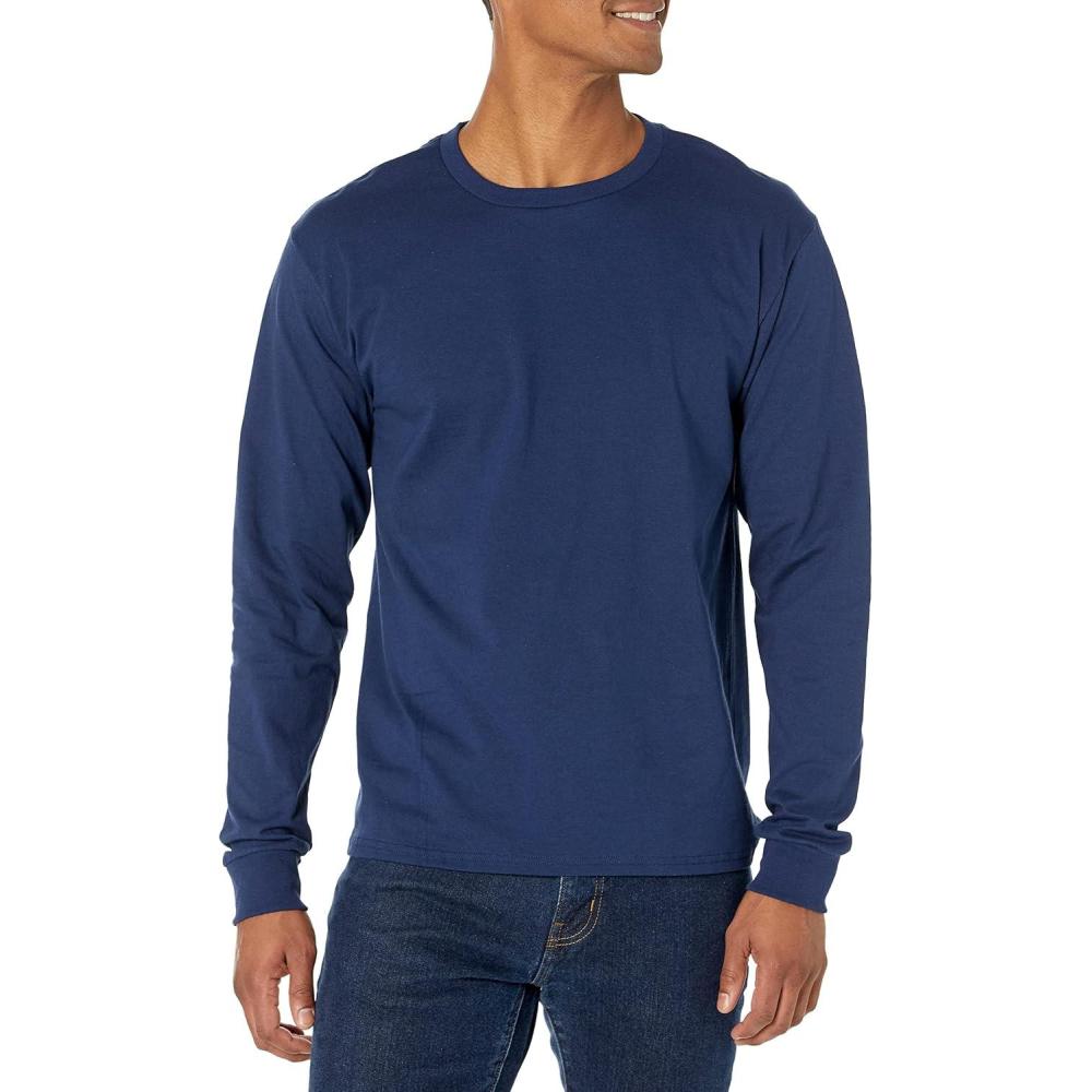 imageHanes Mens Beefy Long Sleeve Shirt 1 or 2 PackNavy 2 Pack