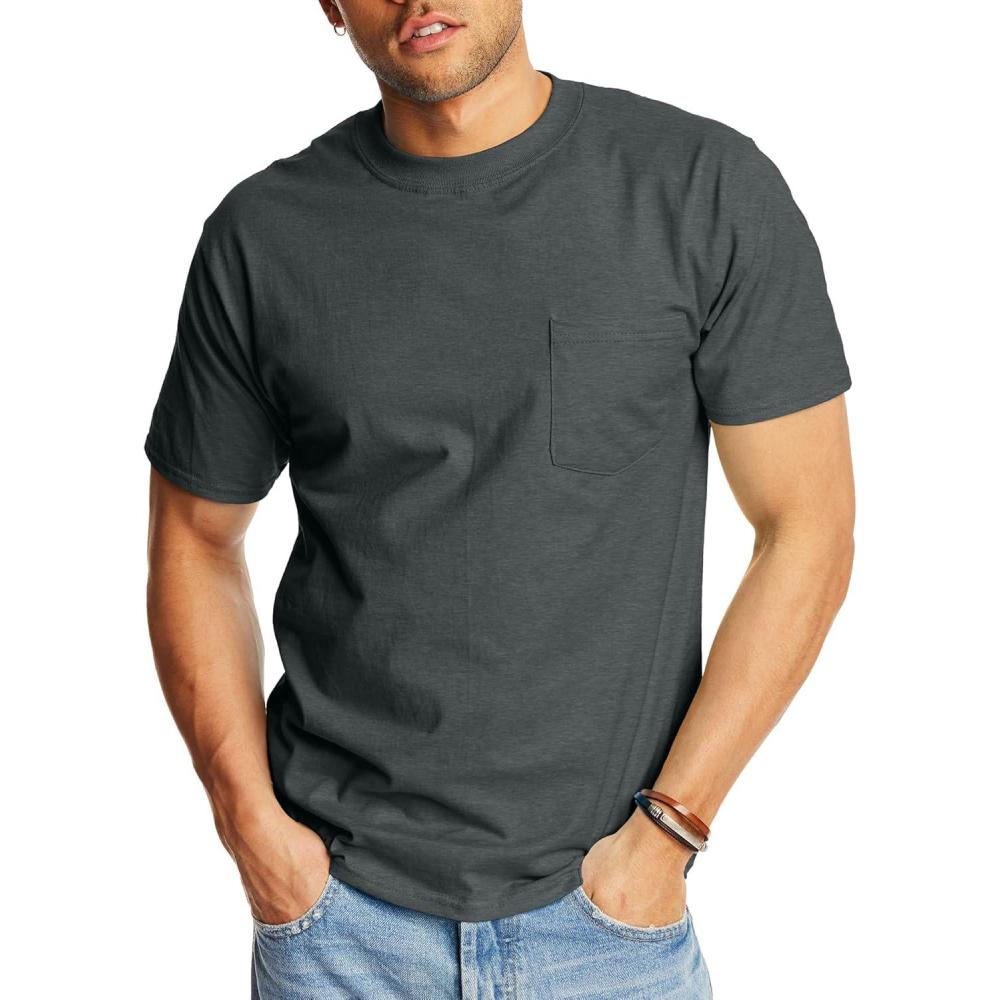 imageHanes Mens Beefyt Pocket Heavyweight Cotton Pocket Tee for Men FullCut TShirt 1 Or 2 PackCharcoal Heather 1 Pack
