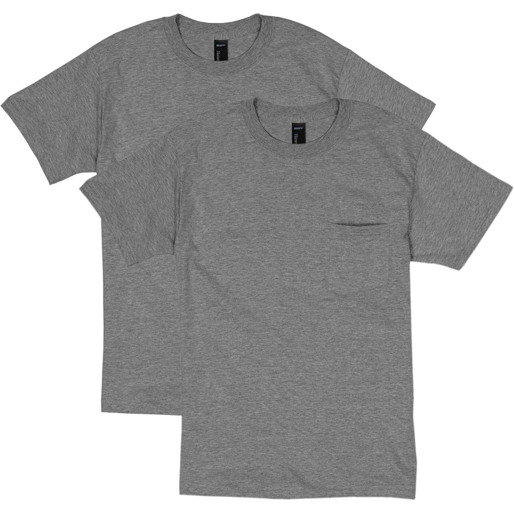 imageHanes Mens Beefyt Pocket Heavyweight Cotton Pocket Tee for Men FullCut TShirt 1 Or 2 PackCharcoal Heather  2 Pack