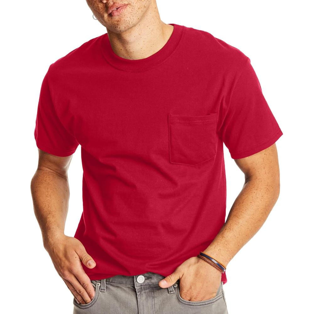 imageHanes Mens Beefyt Pocket Heavyweight Cotton Pocket Tee for Men FullCut TShirt 1 Or 2 PackDeep Red 1 Pack