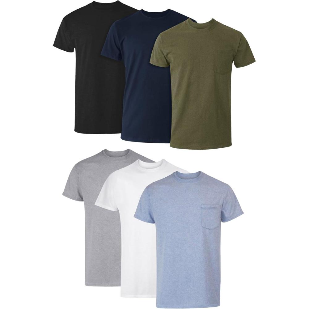 imageHanes Mens Pocket TShirt Pack 6Pack Cool ampamp Breathable Cotton Tees StayTucked Undershirts for MenGrey Heather Black White Navy Blue Heather