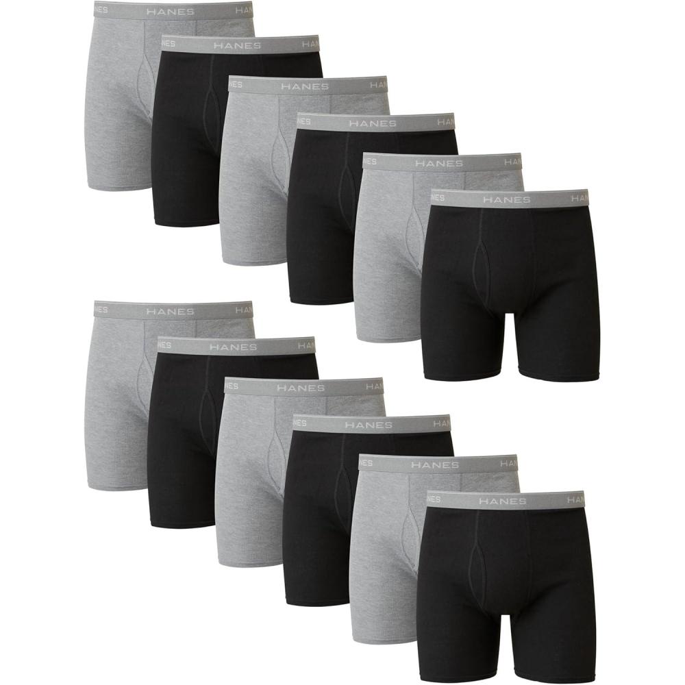imageHanes Mens Underwear Cotton Boxer Briefs MoistureWicking Assorted Solids 12PackBlackGray 12 Pack