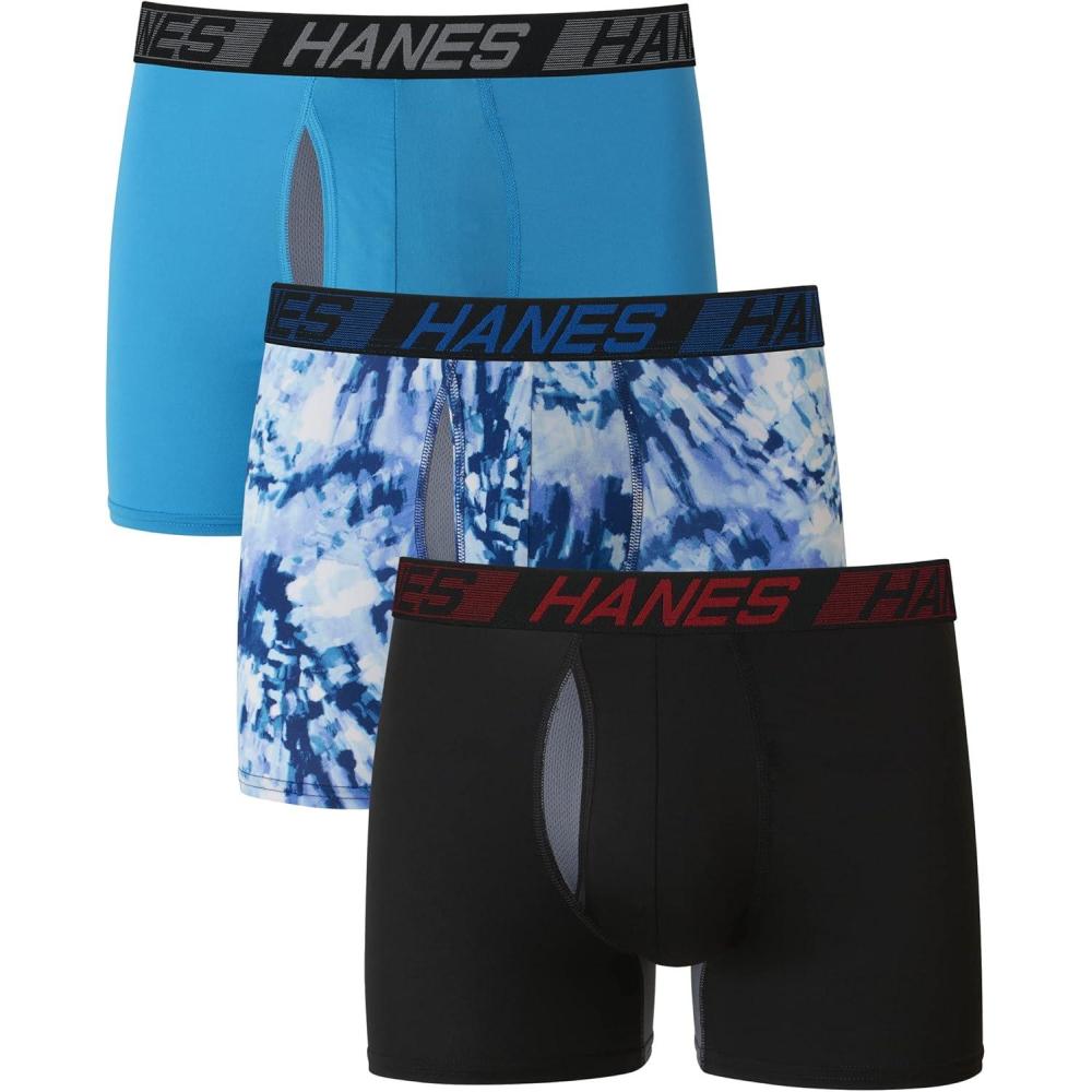 imageHanes Mens Underwear Pack 3Pack Total Support Pouch Boxer Briefs or Trunks MoistureWicking Underwear for MenBlackTie DyeBlue