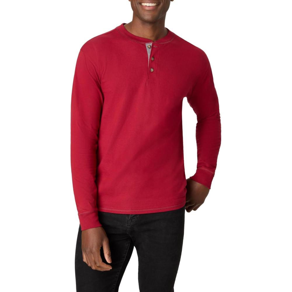 imageHanes T Beefyt Henley Mens Cotton Long Sleeve ShirtsBurnt Brick