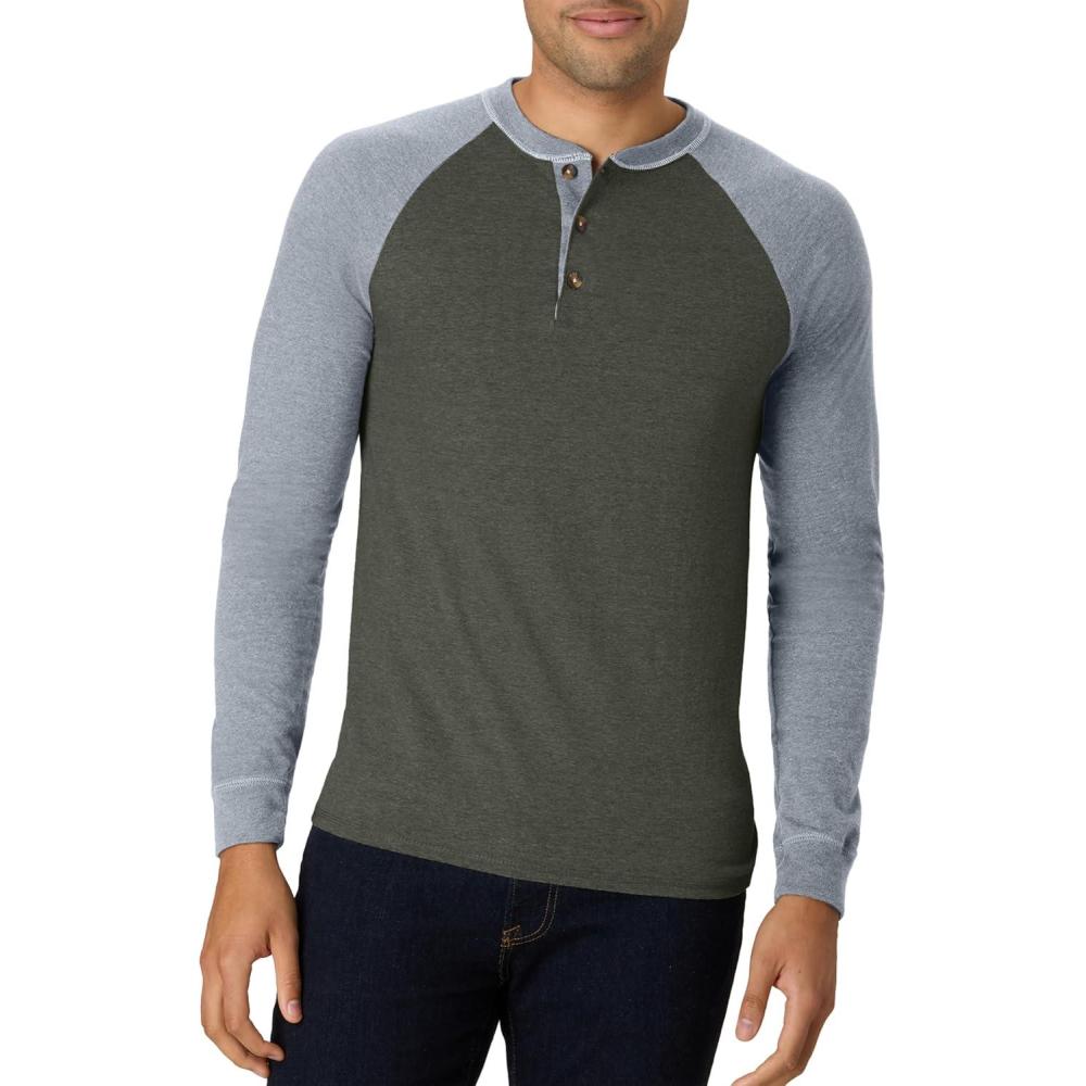 imageHanes T Beefyt Henley Mens Cotton Long Sleeve ShirtsCamouflage GreenOxford Gray