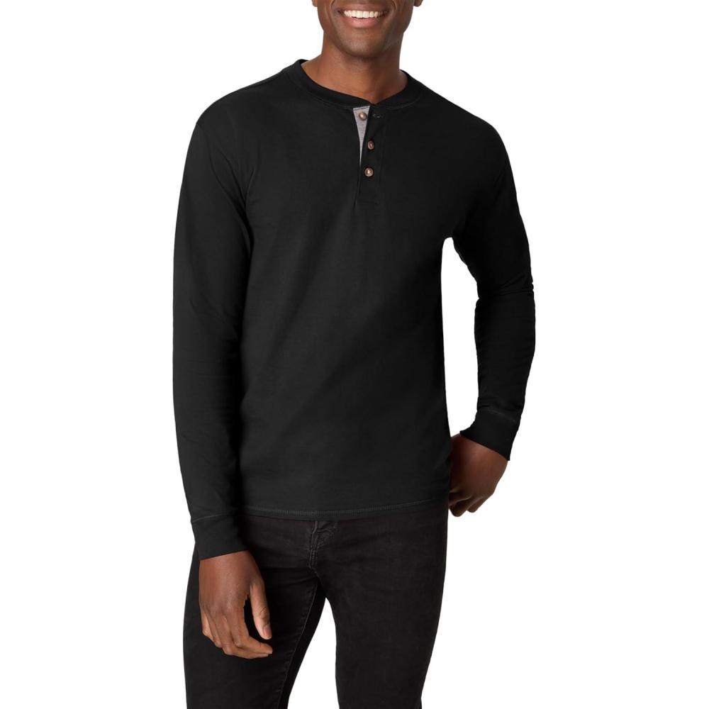imageHanes T Beefyt Henley Mens Cotton Long Sleeve ShirtsEbony