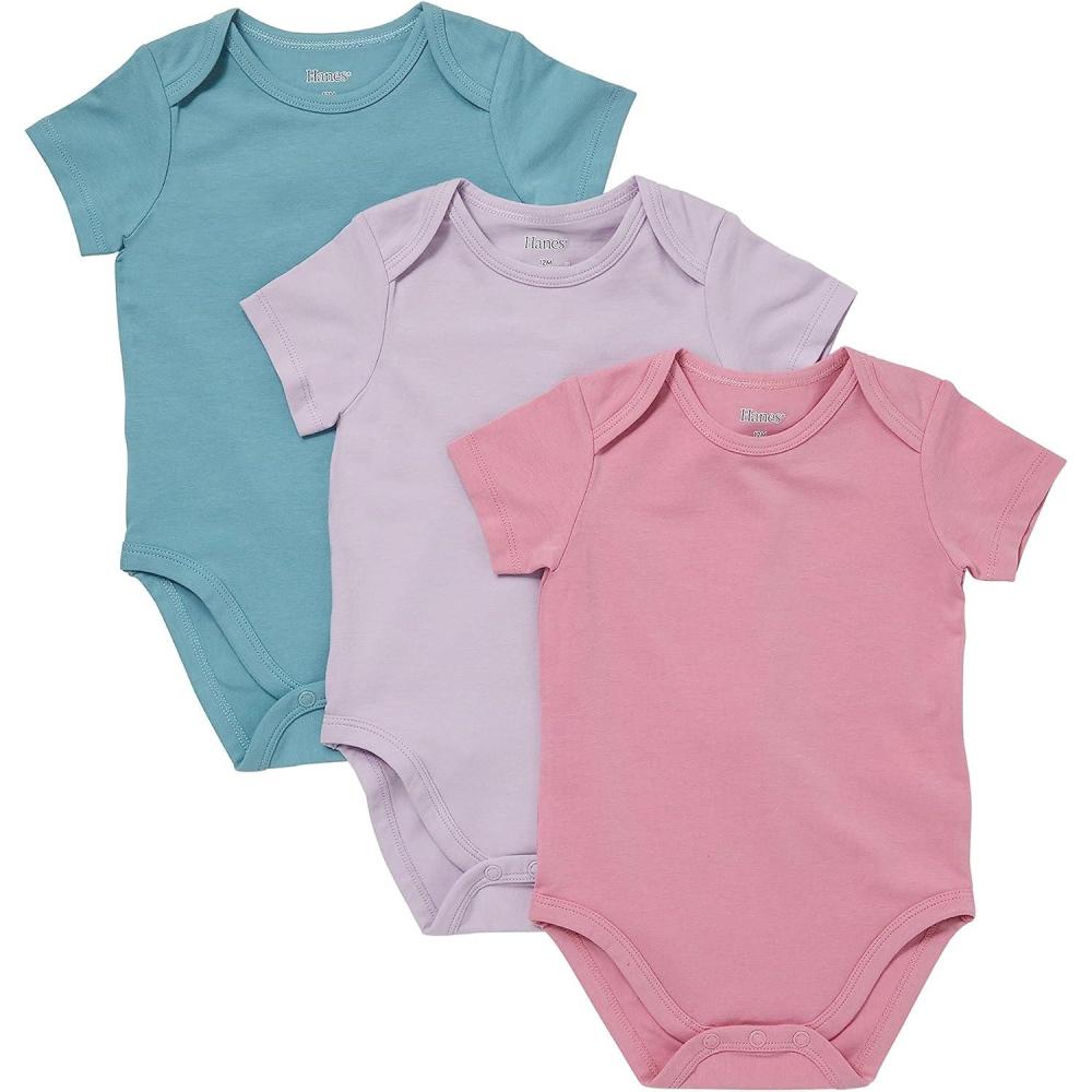 imageHanes Unisex Baby Pure Comfort Short Sleeve Bodysuits Infant Bodysuits Boys ampamp Girls 3packBlueRosePurple