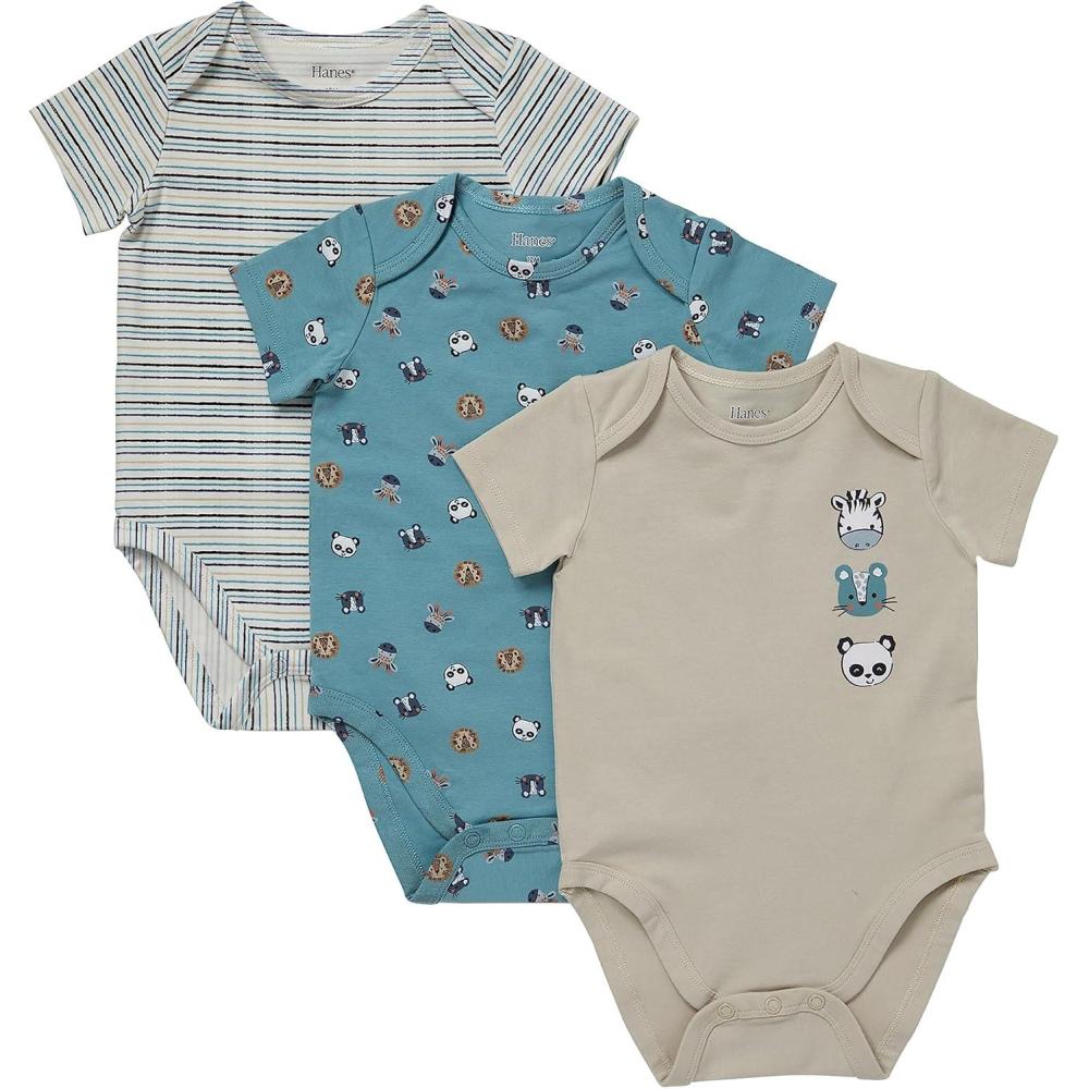 imageHanes Unisex Baby Pure Comfort Short Sleeve Bodysuits Infant Bodysuits Boys ampamp Girls 3packWhiteBlueBeige
