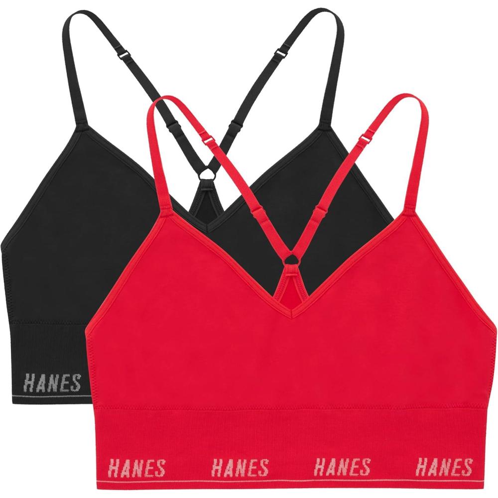 imageHanes Womens Moves Seamless Triangle Wireless 360 Flex Light Support Pullover Bra Odor Control 2PackBlackGlimmer Red