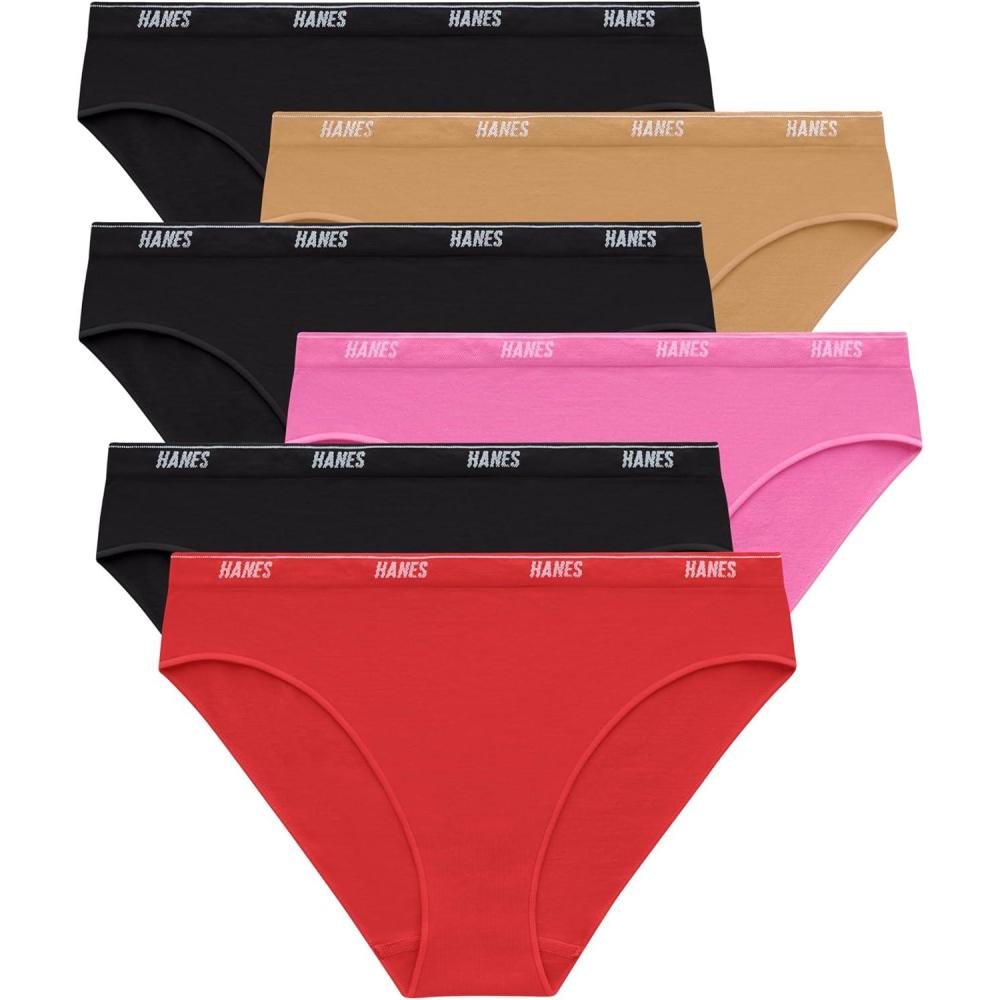 imageHanes Womens Moves Underwear 360 Flex Stretch Panties Smooth ampamp Seamless Hipsters Bikinis Or Thongs 6Pack6pk Bikini Black X3AlmondRedPink