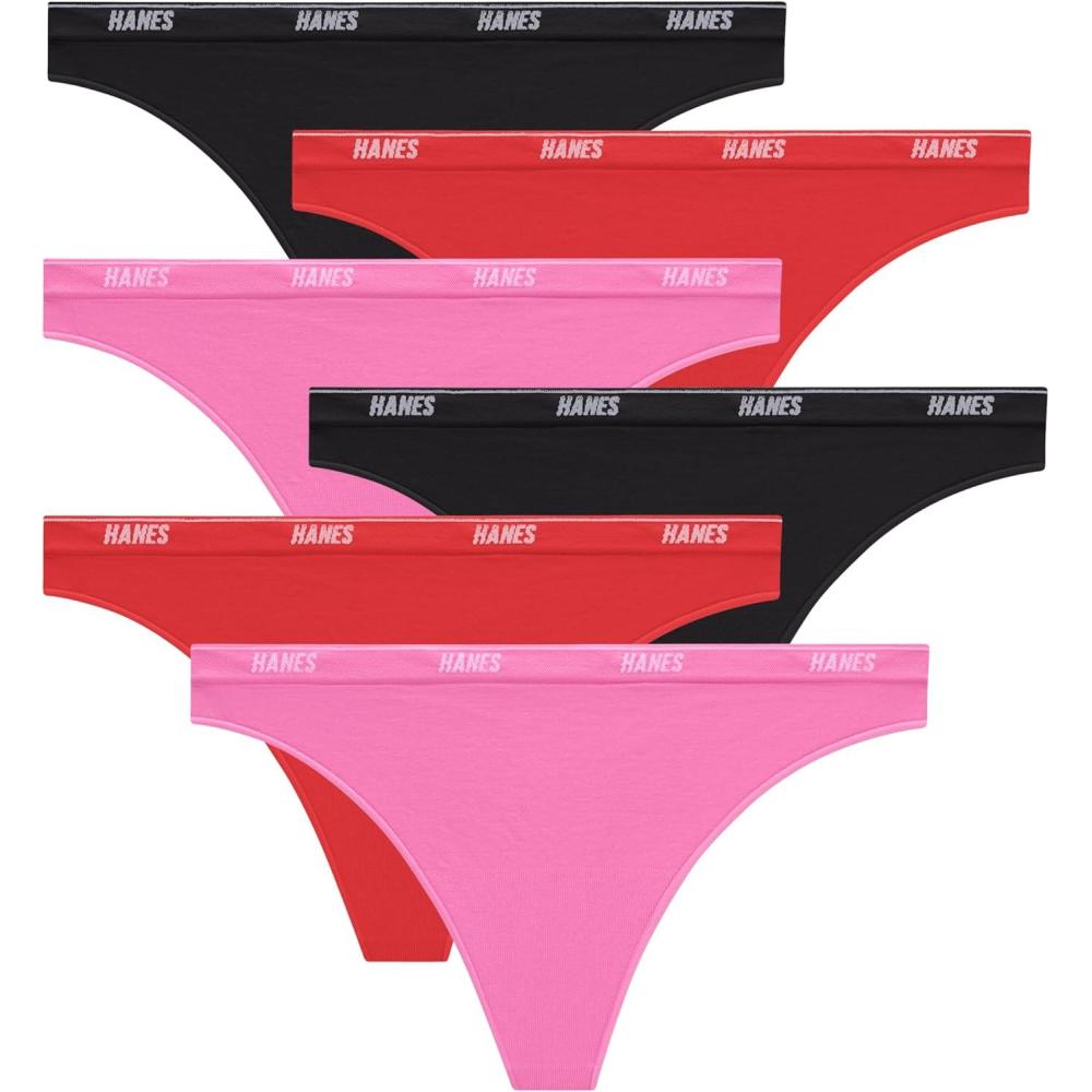 imageHanes Womens Moves Underwear 360 Flex Stretch Panties Smooth ampamp Seamless Hipsters Bikinis Or Thongs 6Pack6pk Thong Black X2Red X2Pink X2