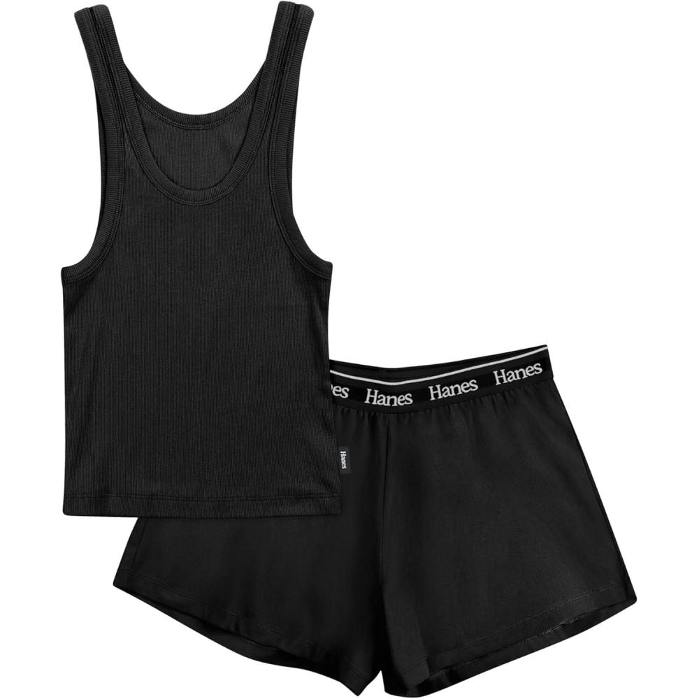 imageHanes Womens Originals Comfywear Rib Crop Tank and Sleep Shorts 2Piece SetBlackBlack