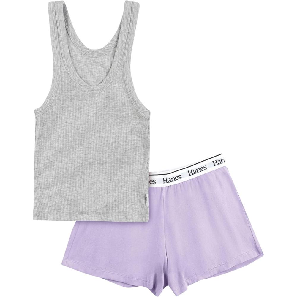 imageHanes Womens Originals Comfywear Rib Crop Tank and Sleep Shorts 2Piece SetHeritage Grey MarleVega Violet
