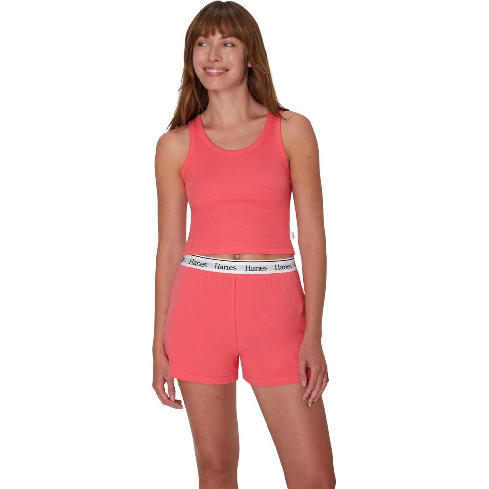 imageHanes Womens Originals Comfywear Rib Crop Tank and Sleep Shorts 2Piece SetPink CoralPink Coral