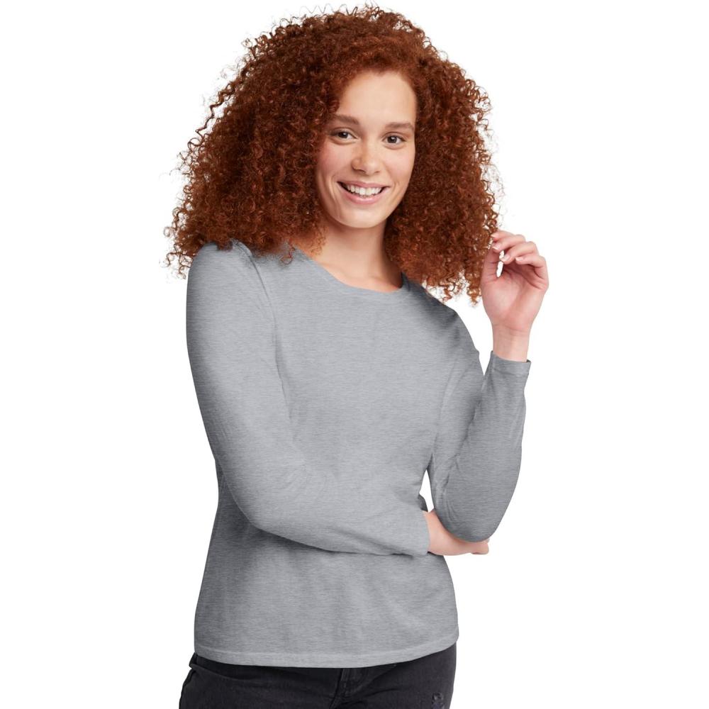 imageHanes Womens Originals Long Sleeve Cotton TShirt Lightweight Crewneck Tee Modern FitLight Steel