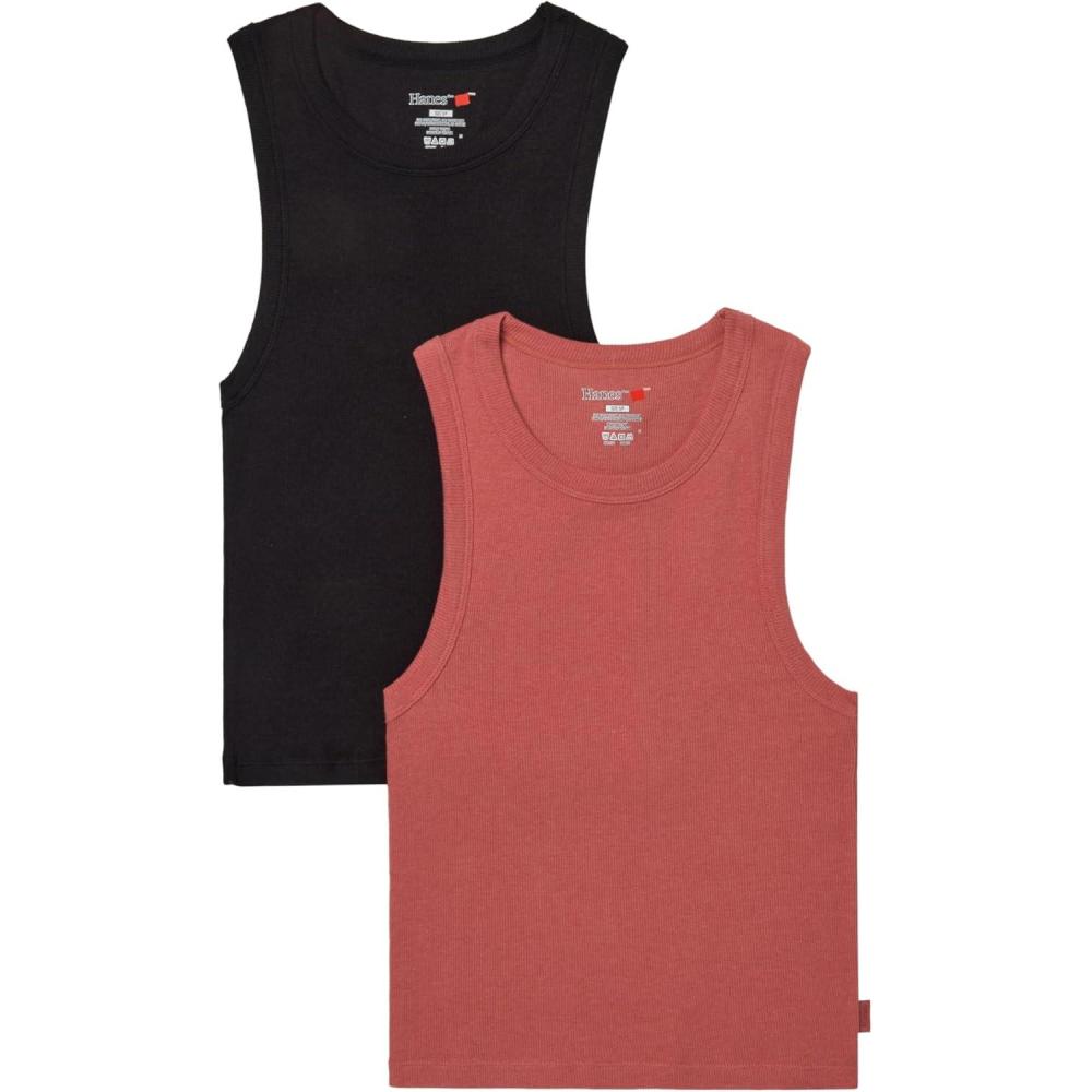 imageHanes Womens Originals Racerback Crop Tank 2Pack Comfywear Supersoft Rib Cropped Tank Top Loungewear PackBlackNatural Cedar