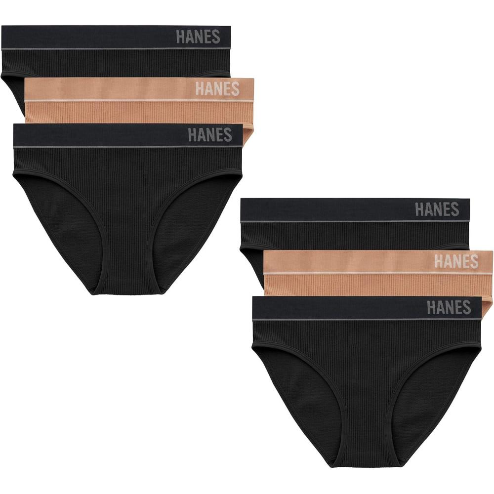 imageHanes Womens Originals Seamless Stretch Rib Bikini Panties Pack Assorted Colors 6Pack4 Black2 Deep Glow