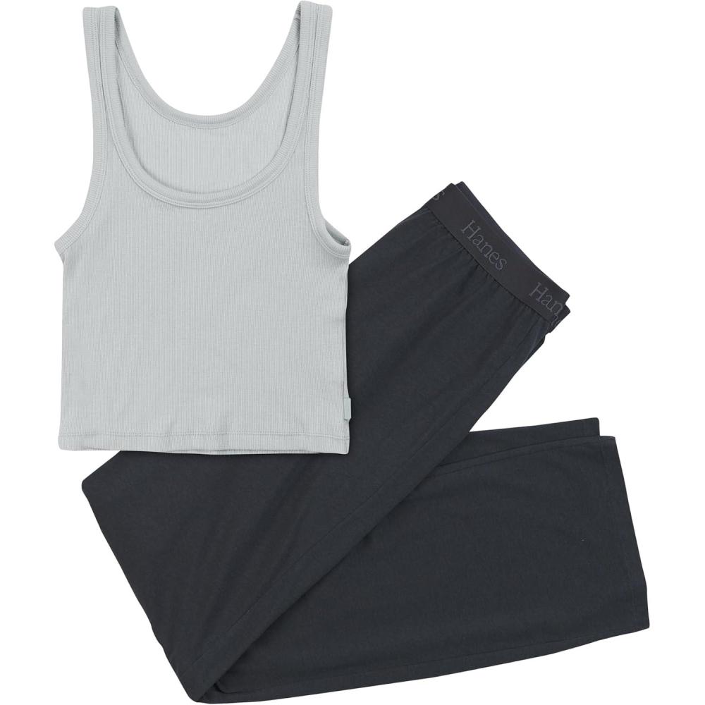 imageHanes Womens Originals SuperSoft Comfywear 2 Piece Crop Tank ampamp Lounge Pants Loungewear SetSoft CeladonAsphalt