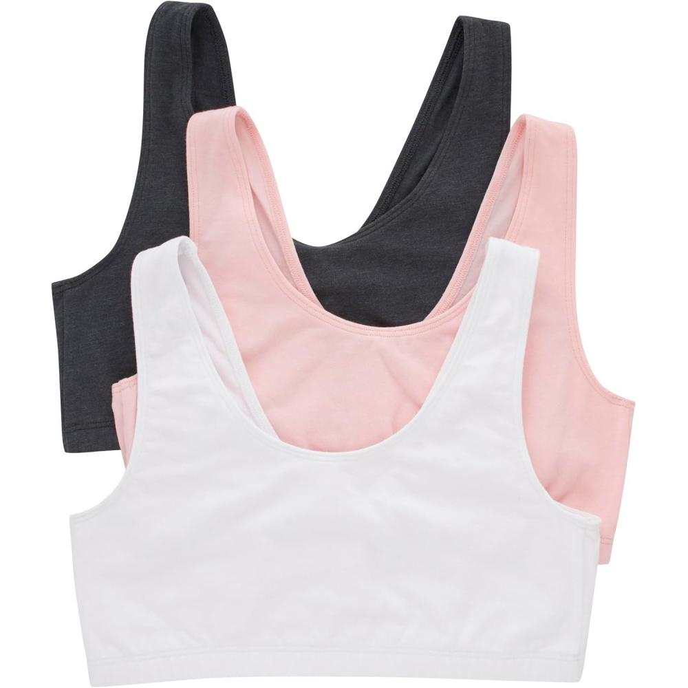 imageHanes Womens Pack Cotton Scoopneck Bralette LowImpact Sports Bra 3PackSky Grey HeatherVintage PinkWhite